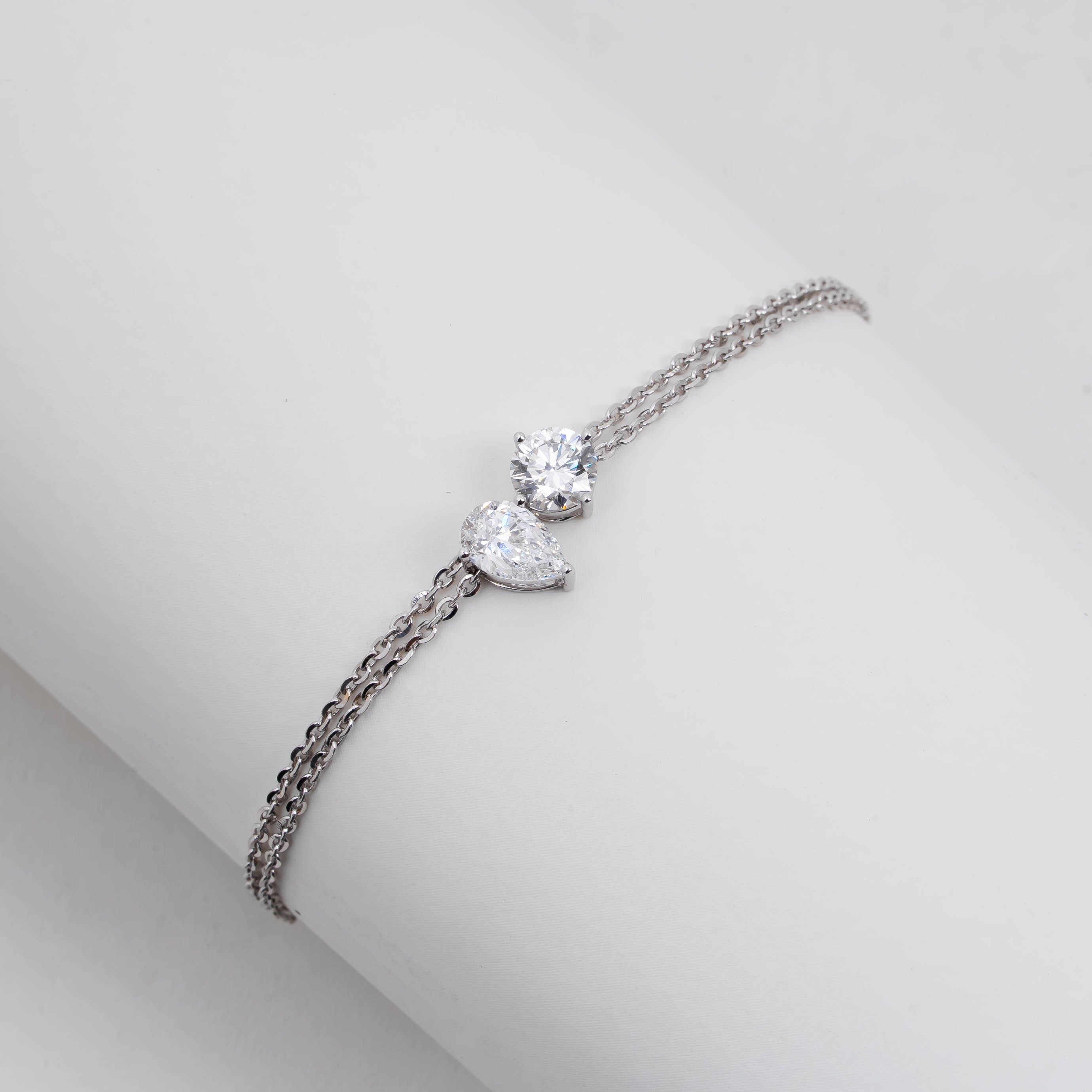 STUNNING PEAR WITH ROUND SOLITAIRE DIAMOND DELICATE DOUBLE-STRAND BRACELET