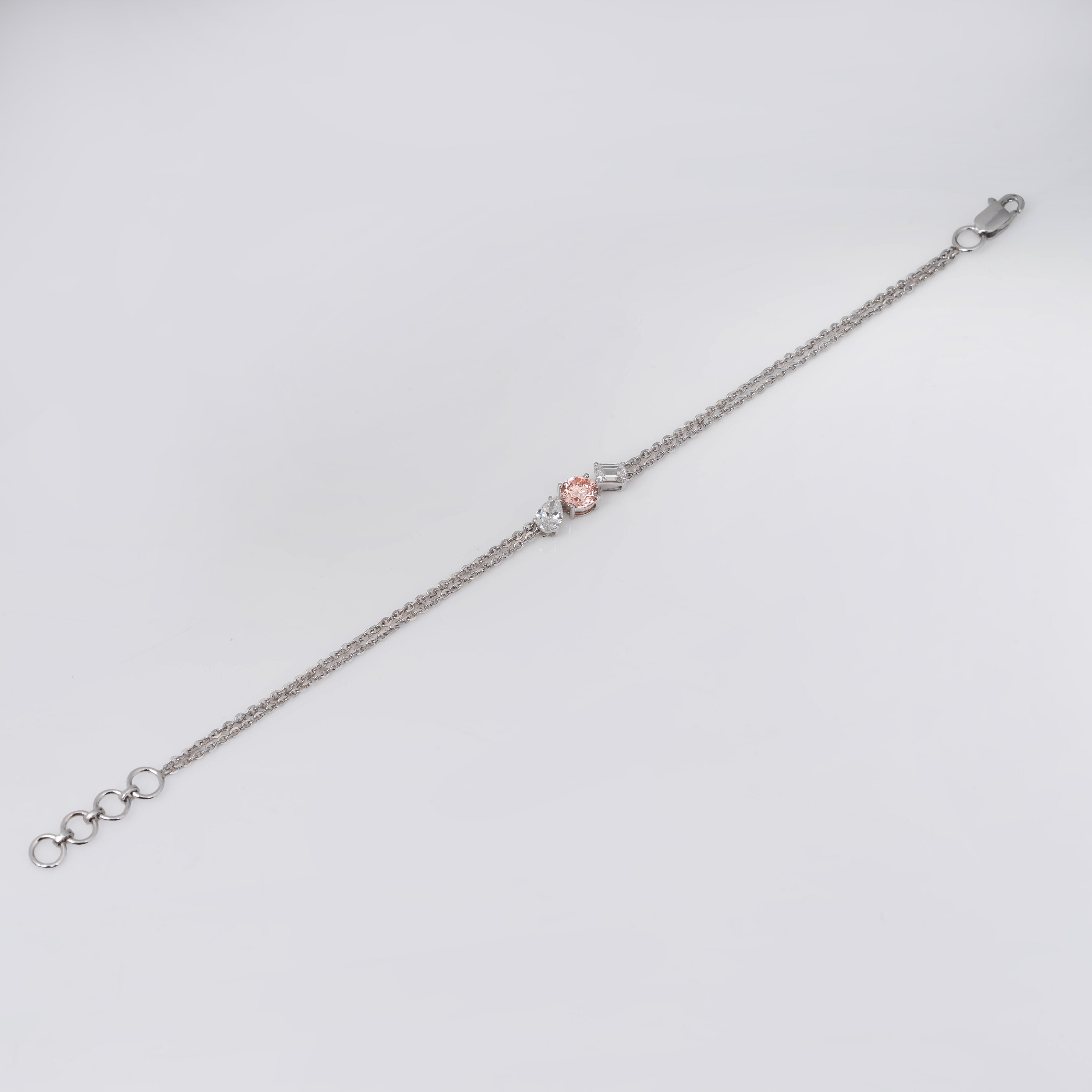 TRIO OF LIGHT PINK ROUND WITH PEAR & EMERALD CUT SOLITAIRE DIAMOND  DELICATE DOUBLE-STRAND BRACELET