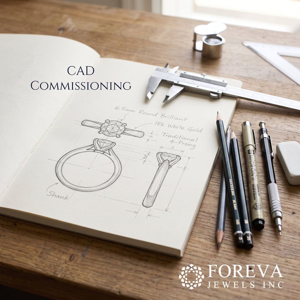 Custom engagement ring CAD design sketch — 6.5mm round brilliant solitaire in 18k white gold, drawn with calipers and drafting pencils at the Foreva Jewels New York bench
