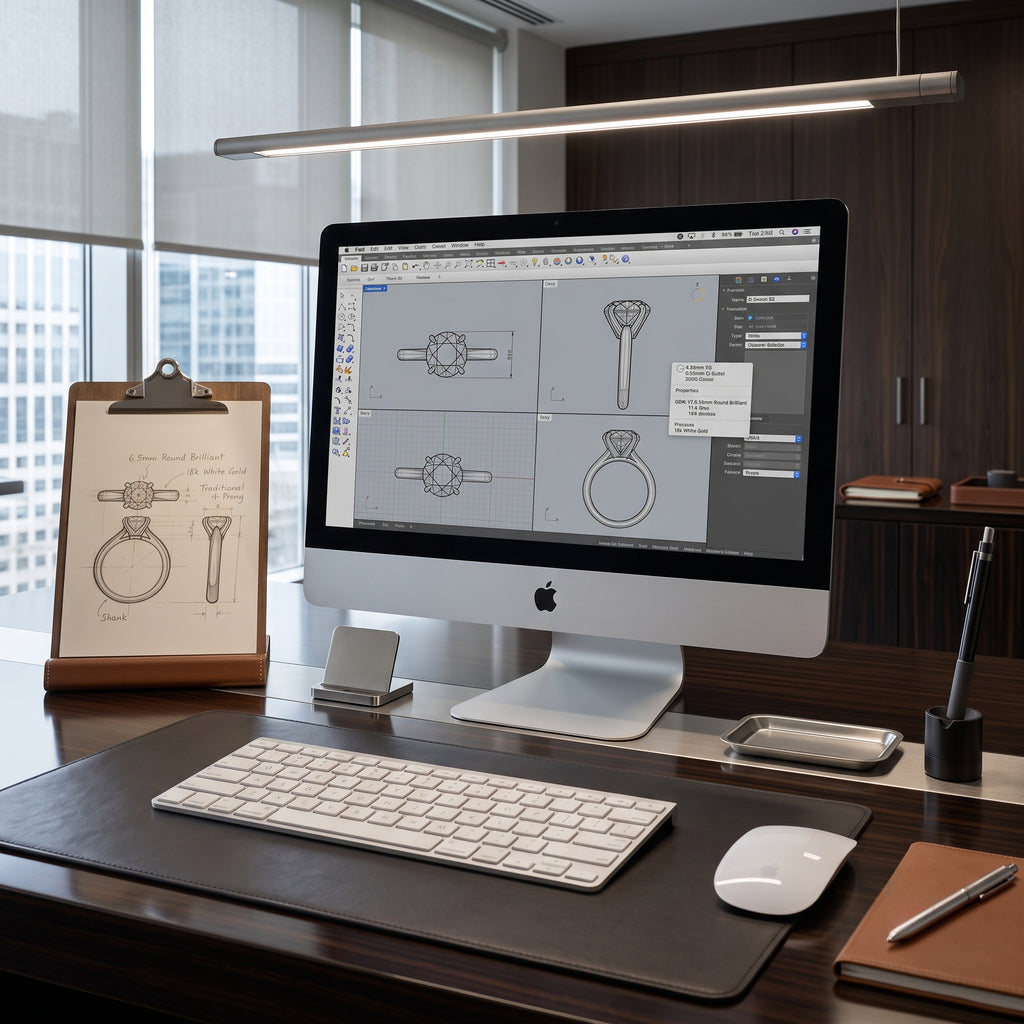 Custom jewelry 3D CAD modeling — the same solitaire engagement ring built in CAD software beside the original pencil sketch