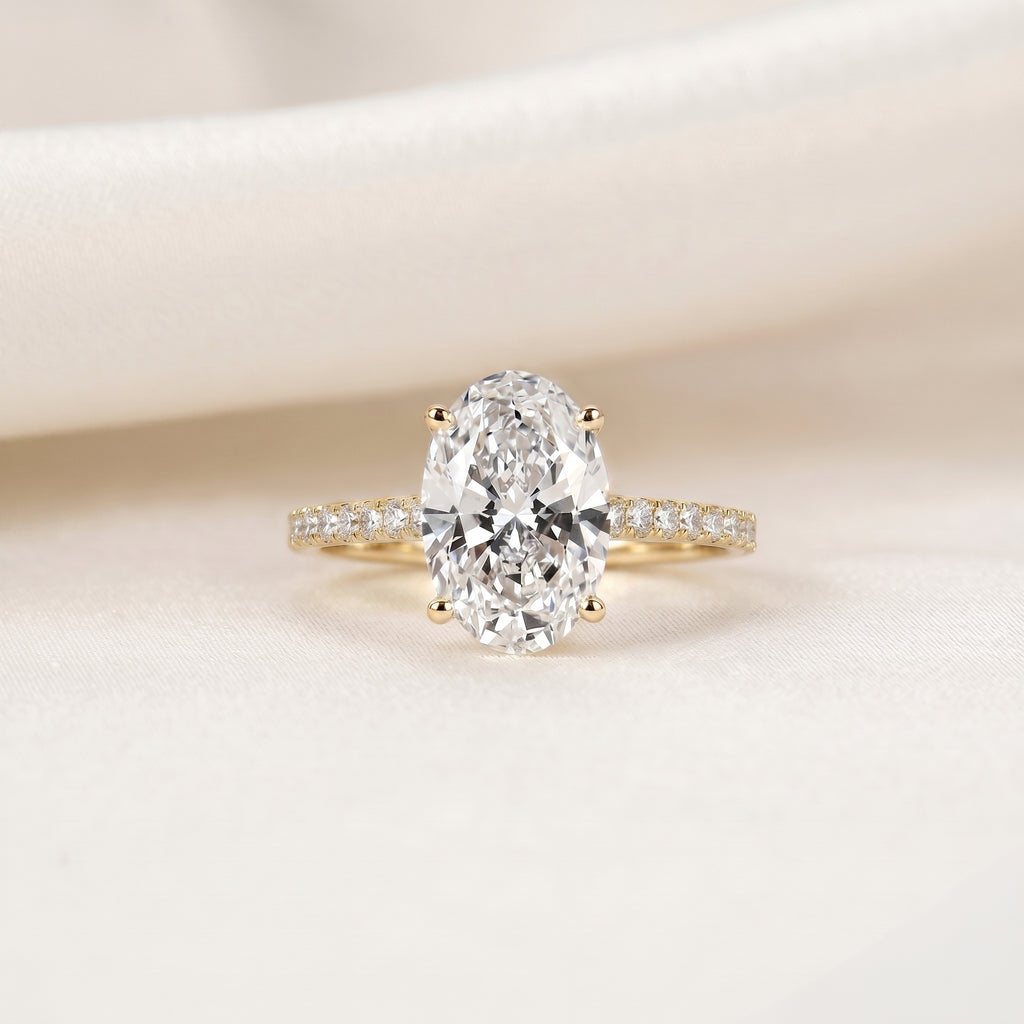Engagement Ring With Oval & Round Cut Solitaire 18K Yellow Gold 3.32 CTW