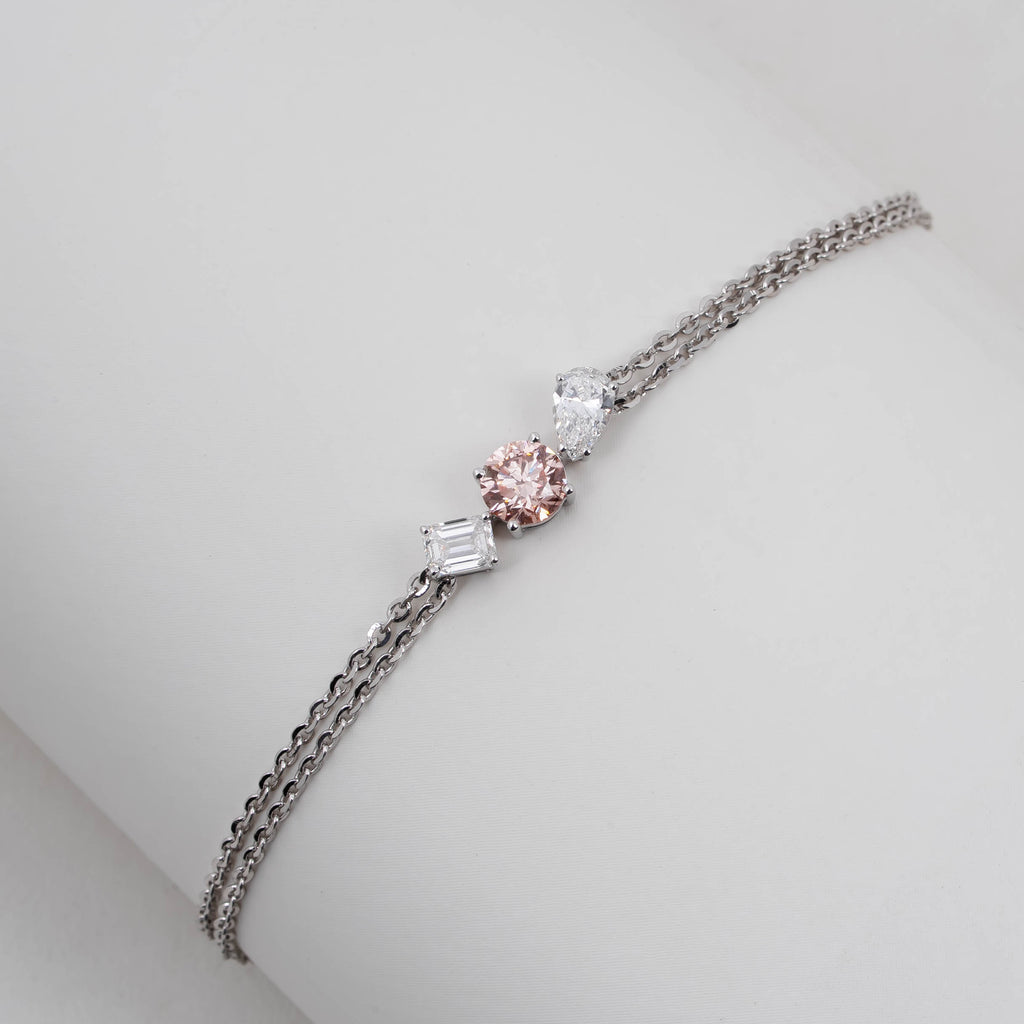 TRIO OF LIGHT PINK ROUND WITH PEAR & EMERALD CUT SOLITAIRE DIAMOND  DELICATE DOUBLE-STRAND BRACELET
