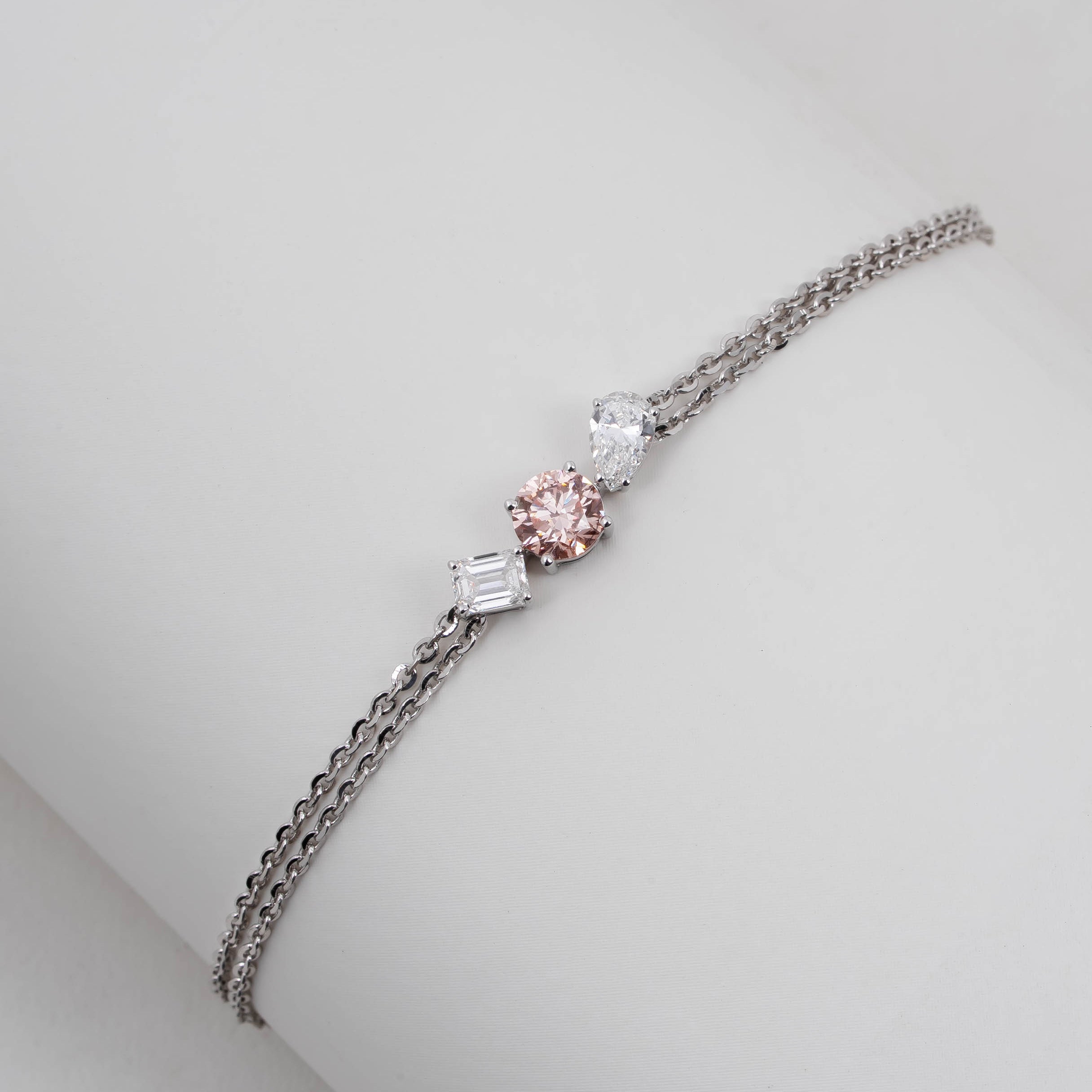 TRIO OF LIGHT PINK ROUND WITH PEAR & EMERALD CUT SOLITAIRE DIAMOND  DELICATE DOUBLE-STRAND BRACELET