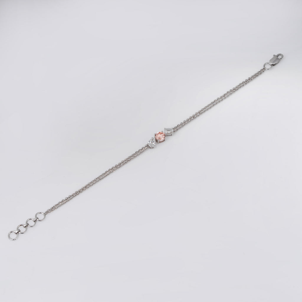 TRIO OF LIGHT PINK ROUND WITH PEAR & EMERALD CUT SOLITAIRE DIAMOND  DELICATE DOUBLE-STRAND BRACELET