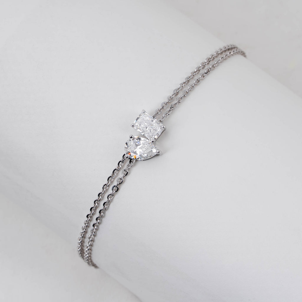 PEAR & EMERALD SOLITAIRE DIAMOND DELICATE DOUBLE-STRAND BRACELET