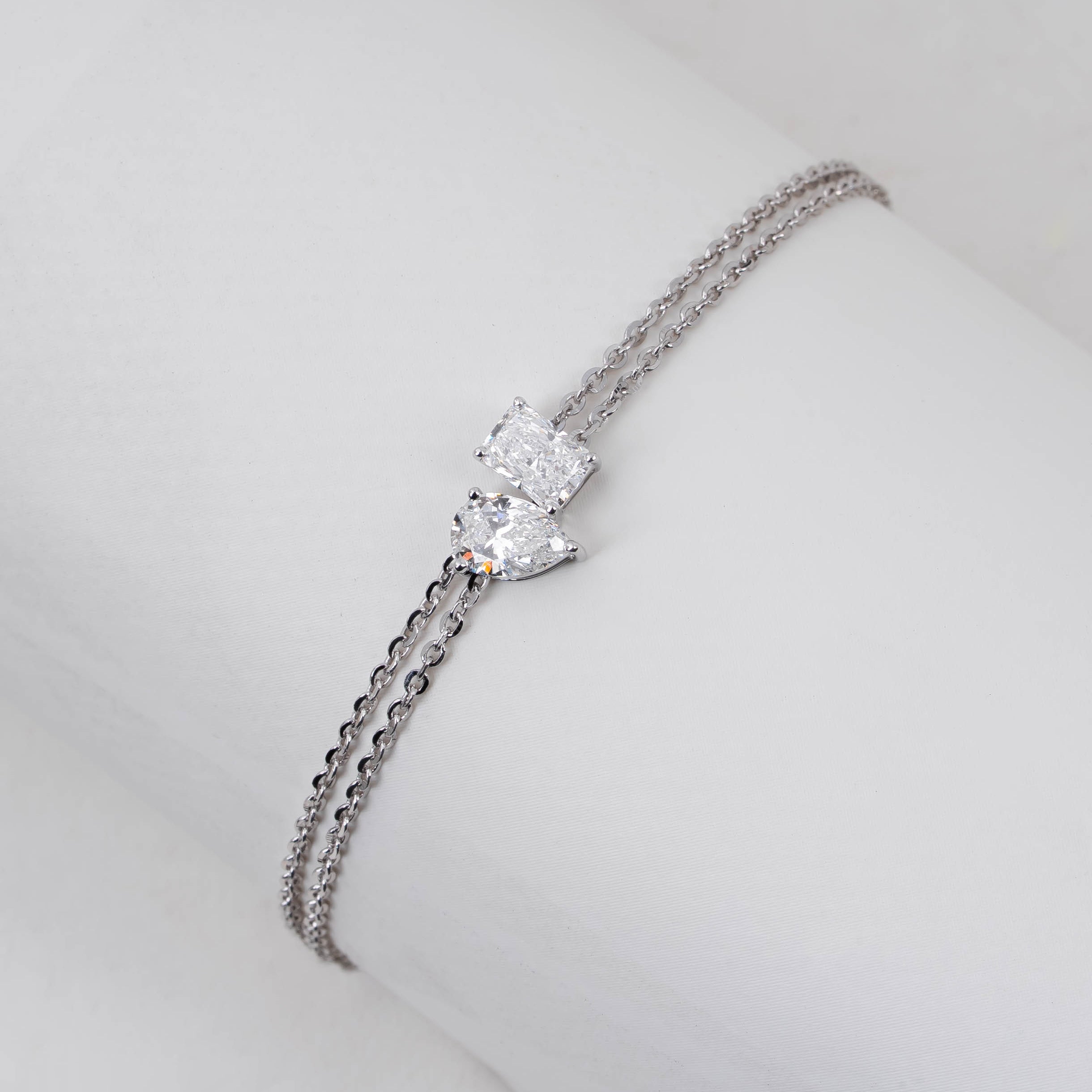 PEAR & EMERALD SOLITAIRE DIAMOND DELICATE DOUBLE-STRAND BRACELET