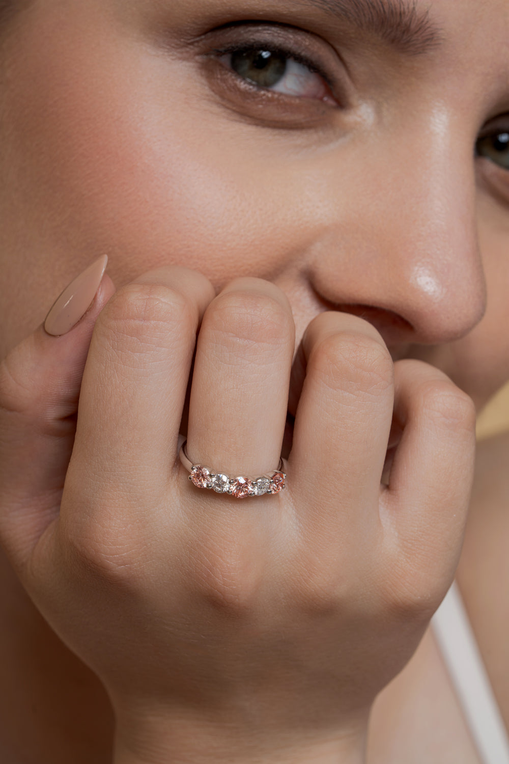 French Pavé Five Stone Light Pink & White Brilliant Round Cut Ring 925 Sterling Silver 1.0 CTW