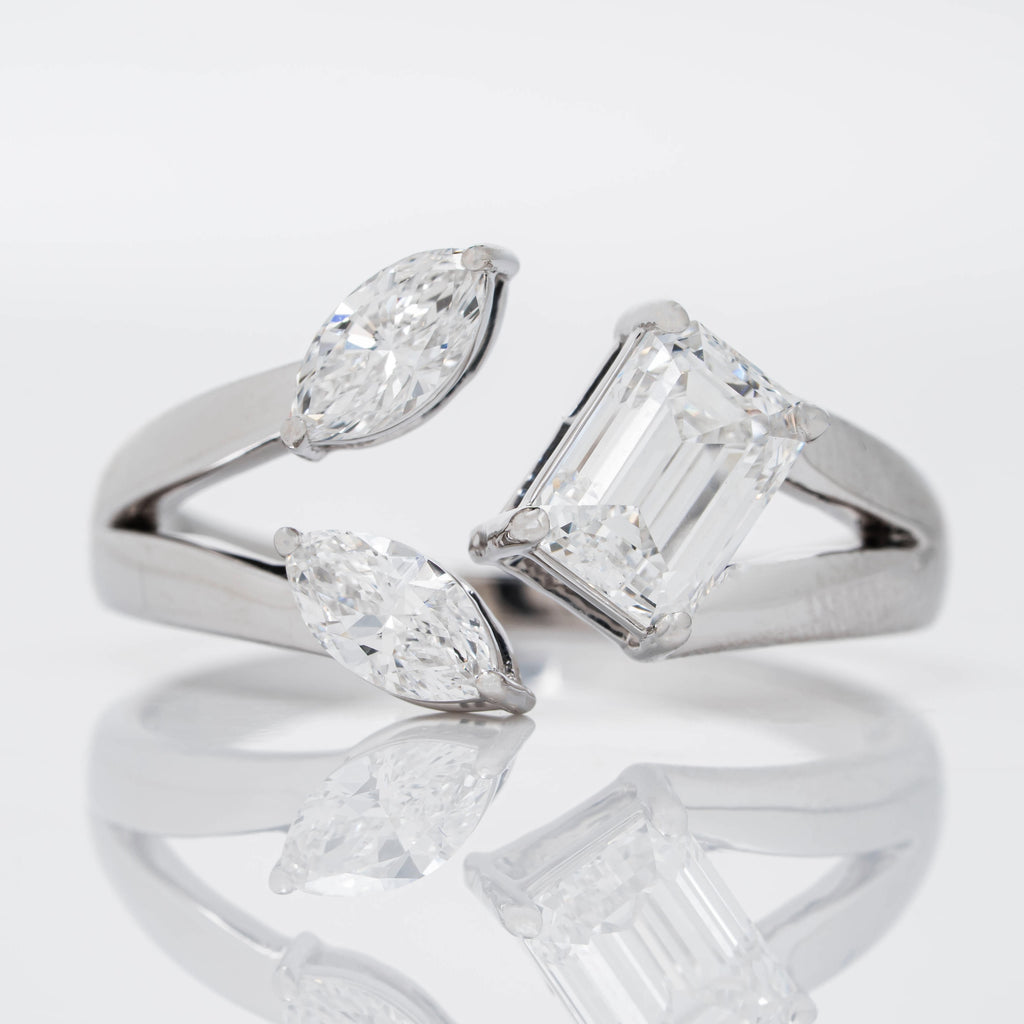 FLORAL RING SHOWCASING PERFECT EMERALD & MARQUISE CUT SOLITAIRE LAB GROWN DIAMOND