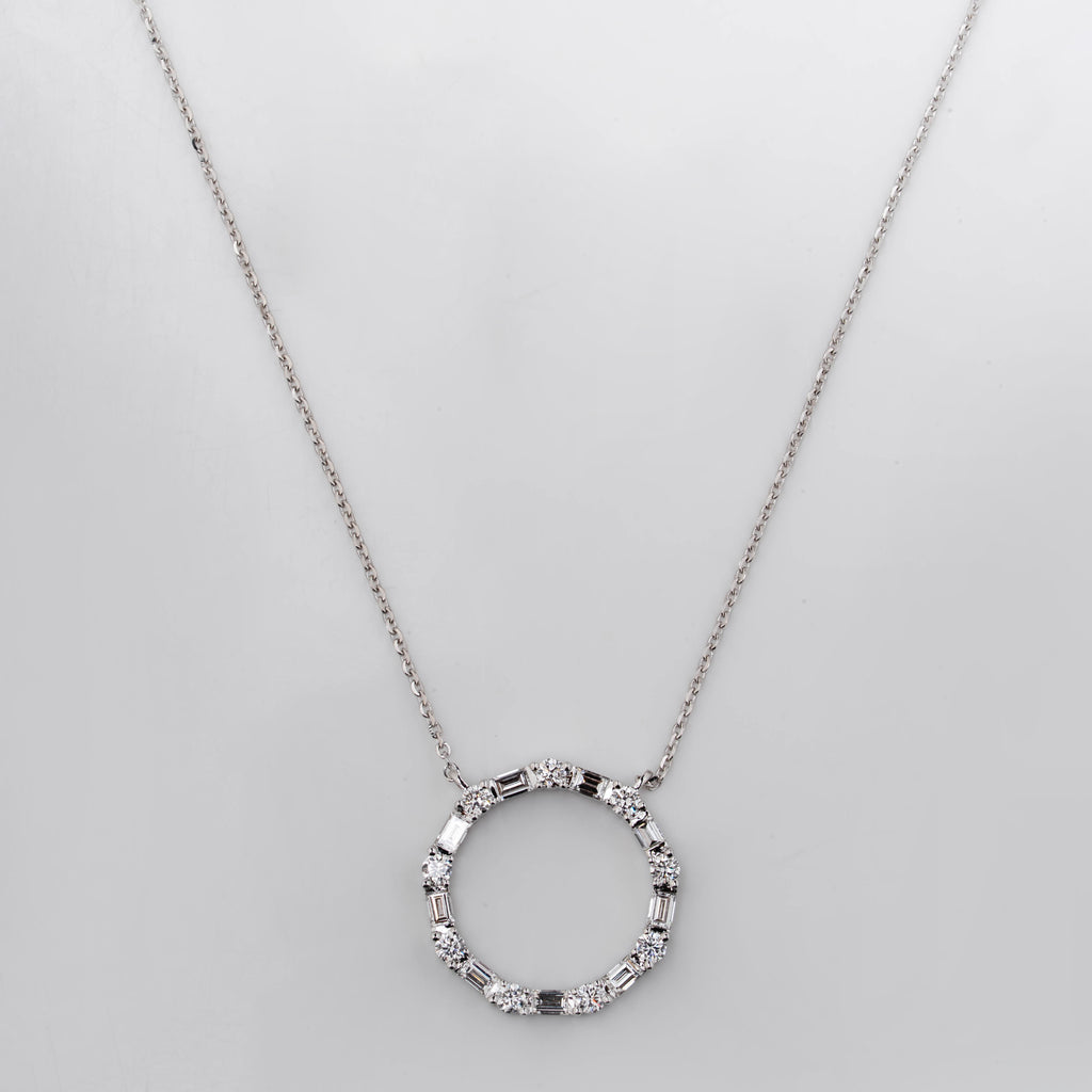 BUGUETTE AND ROUND DIAMOND UNITY CIRCLE PENDENT