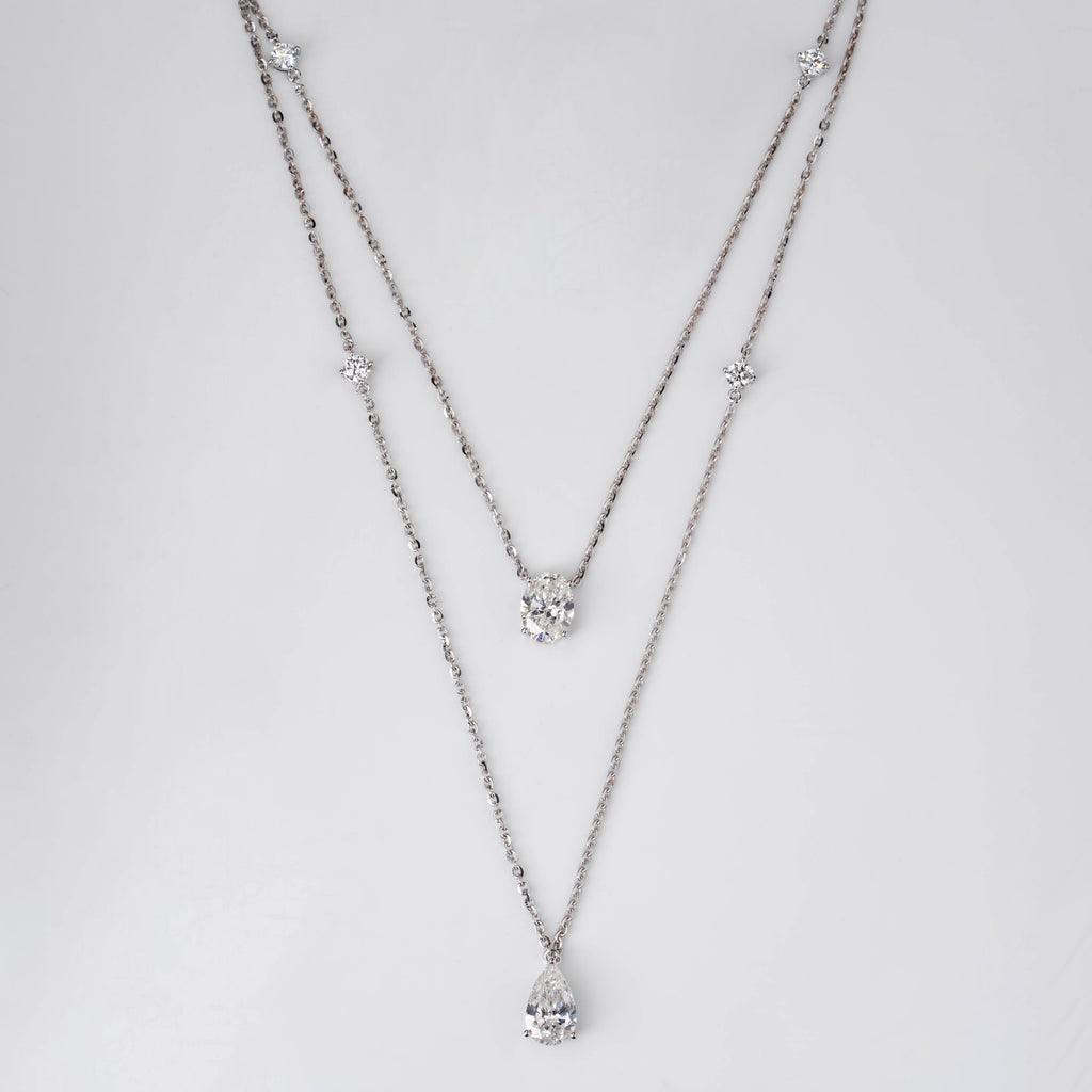 DELICATE LAYERED NECKLACE PEAR, OVAL & ROUND CUT SOLITARE LAB GROWN DIAMOND WITH GOLD CHAIN