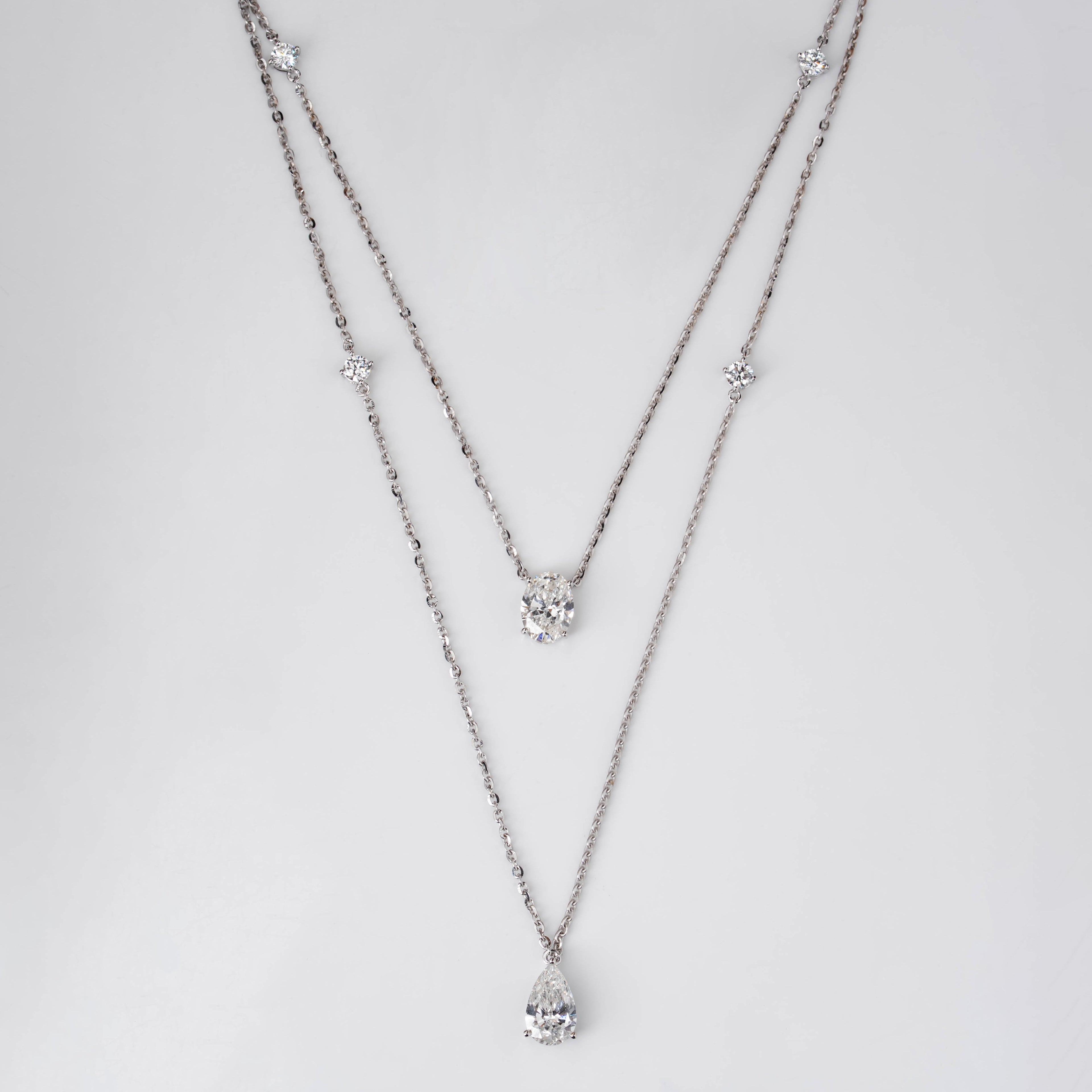 DELICATE LAYERED NECKLACE PEAR, OVAL & ROUND CUT SOLITARE LAB GROWN DIAMOND WITH GOLD CHAIN