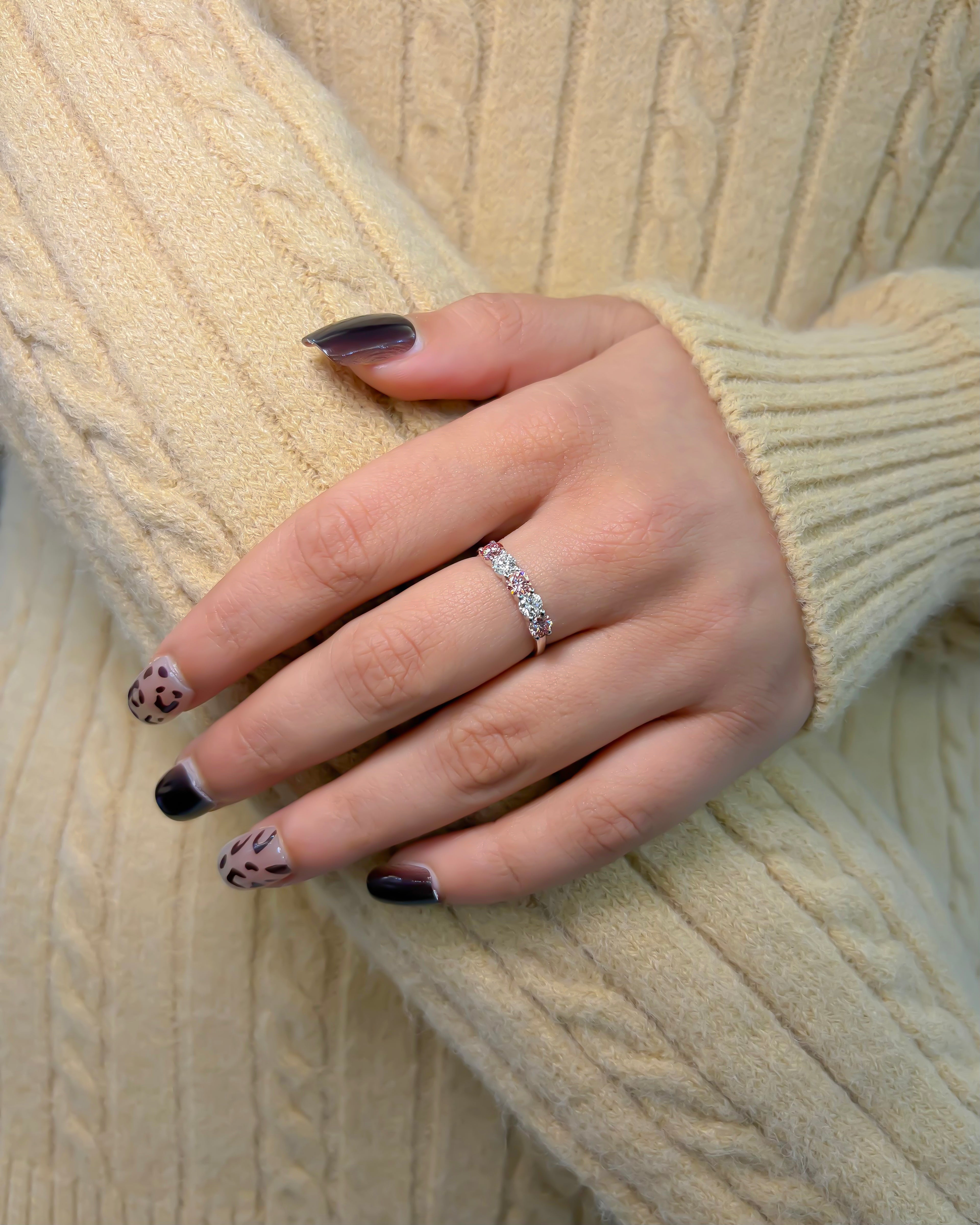 French Pavé Five Stone Light Pink & White Brilliant Round Cut Ring 925 Sterling Silver 1.0 CTW