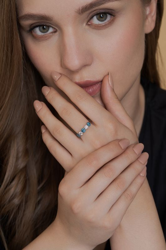Alternating White Lab Grown Diamond and Blue Gemstone Five Stone Ring in 10K White Gold 1.32 CTW