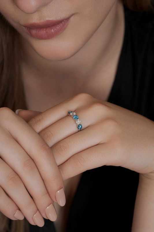 Alternating White Lab Grown Diamond and Blue Gemstone Five Stone Ring in 14K Yellow Gold 1.32 CTW