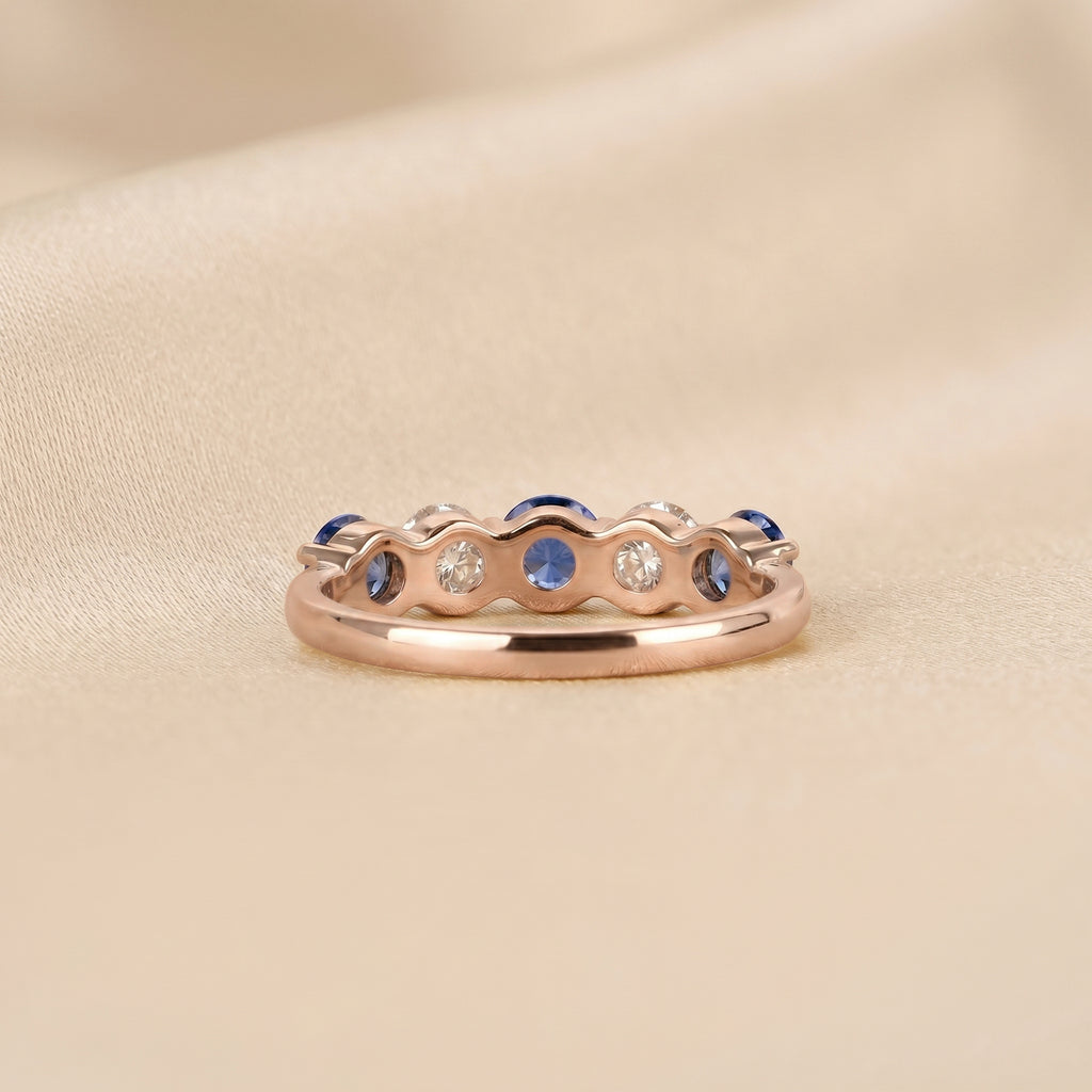 Alternating White Lab Grown Diamond and Blue Gemstone Five Stone Ring in 10K Rose Gold 1.32 CTW