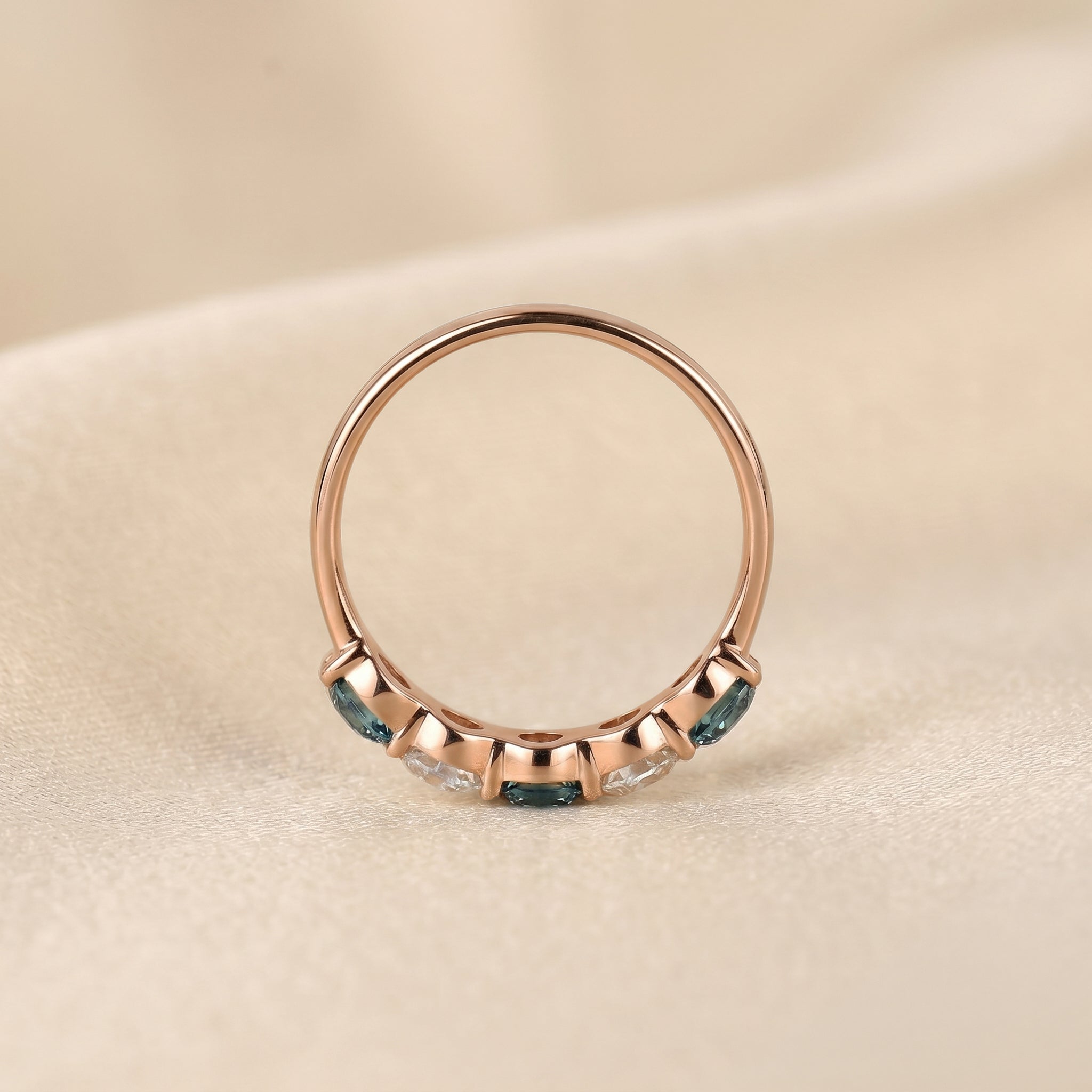 Alternating White Lab Grown Diamond and Blue Gemstone Five Stone Ring in 10K Rose Gold 1.32 CTW