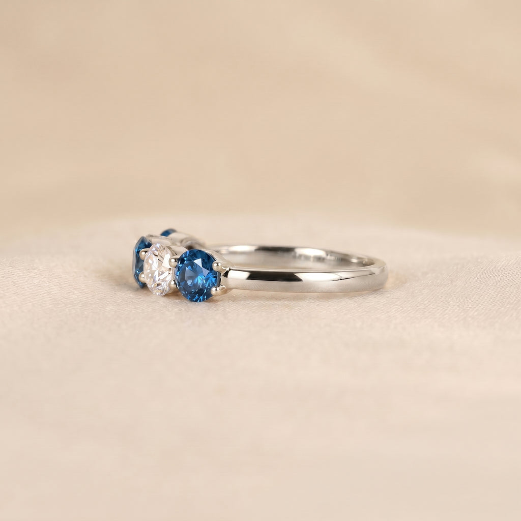 Alternating White Lab Grown Diamond and Blue Gemstone Five Stone Ring in 10K White Gold 1.32 CTW