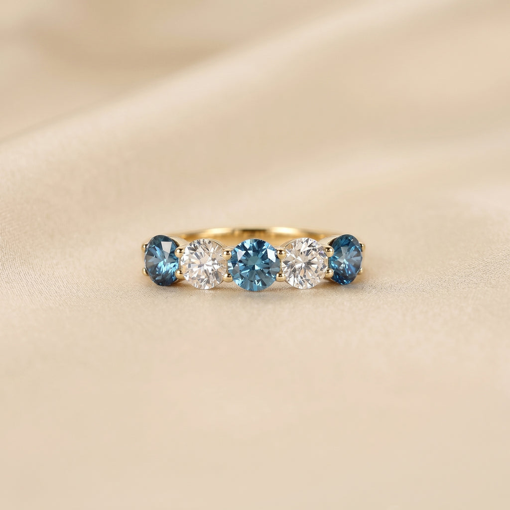 Alternating White Lab Grown Diamond and Blue Gemstone Five Stone Ring in 10K Yellow Gold 1.32 CTW