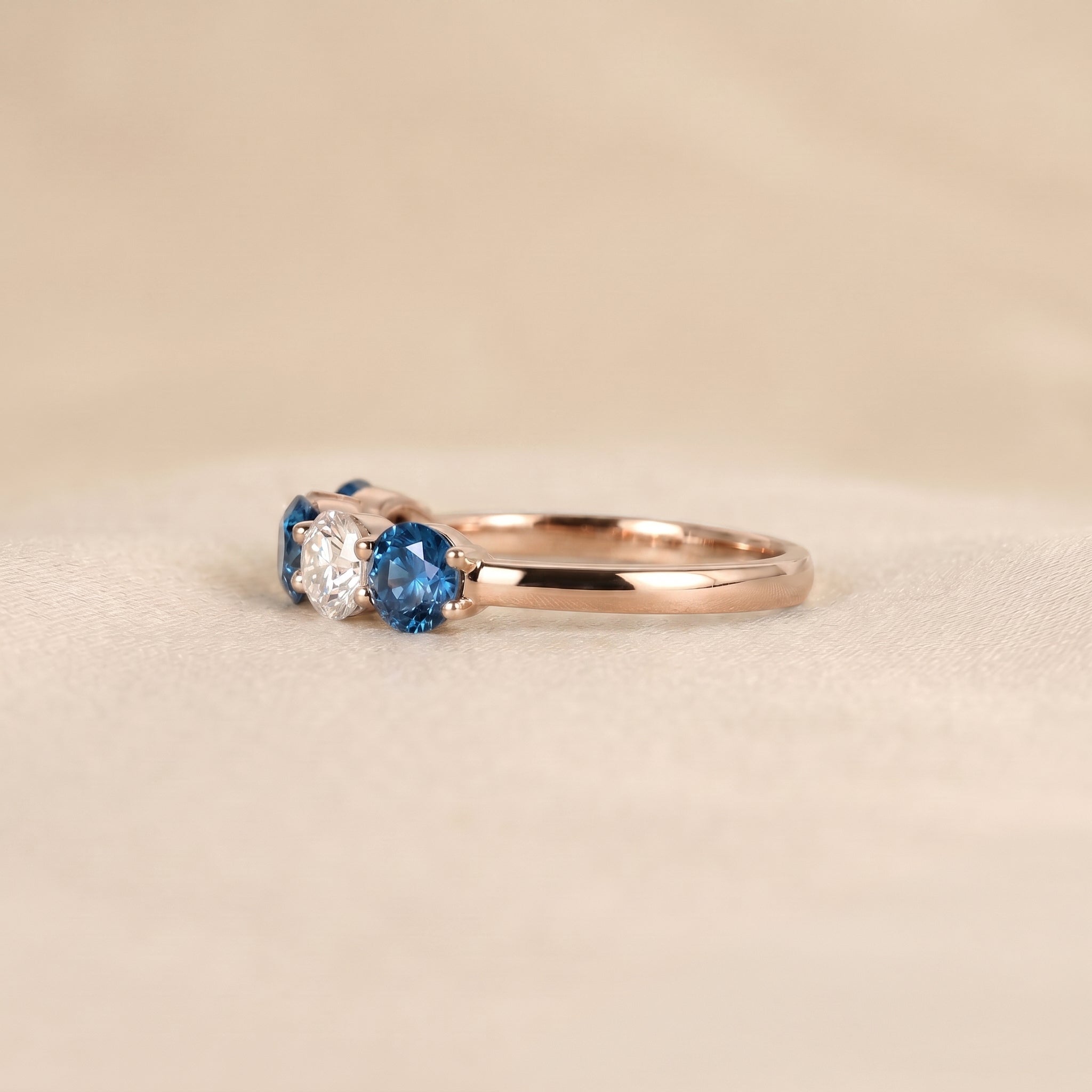 Alternating White Lab Grown Diamond and Blue Gemstone Five Stone Ring in 14K Rose Gold 1.32 CTW