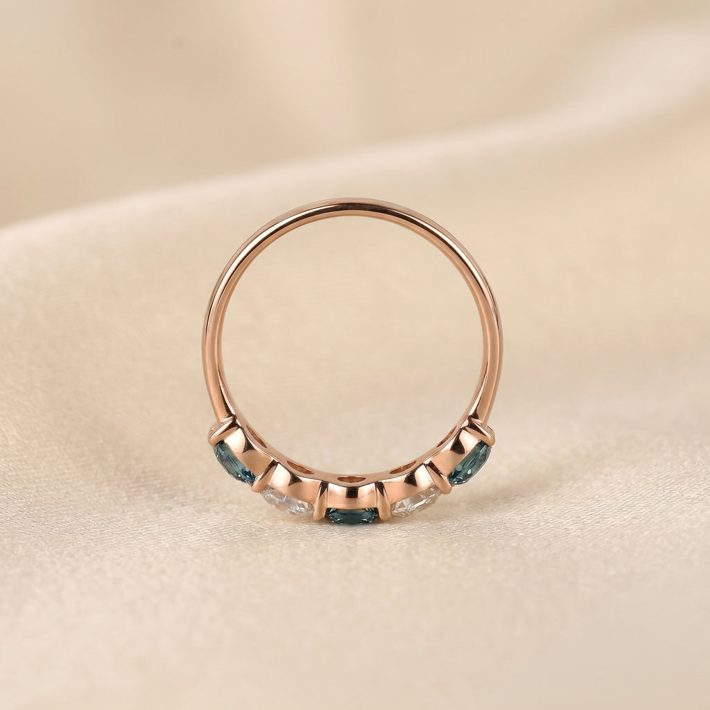 Alternating White Lab Grown Diamond and Blue Gemstone Five Stone Ring in 14K Rose Gold 1.32 CTW
