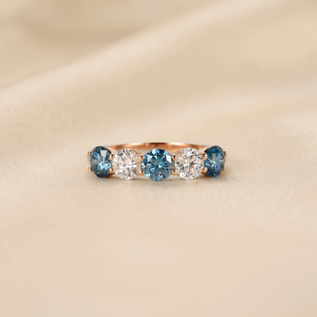 Alternating White Lab Grown Diamond and Blue Gemstone Five Stone Ring in 14K Rose Gold 1.32 CTW
