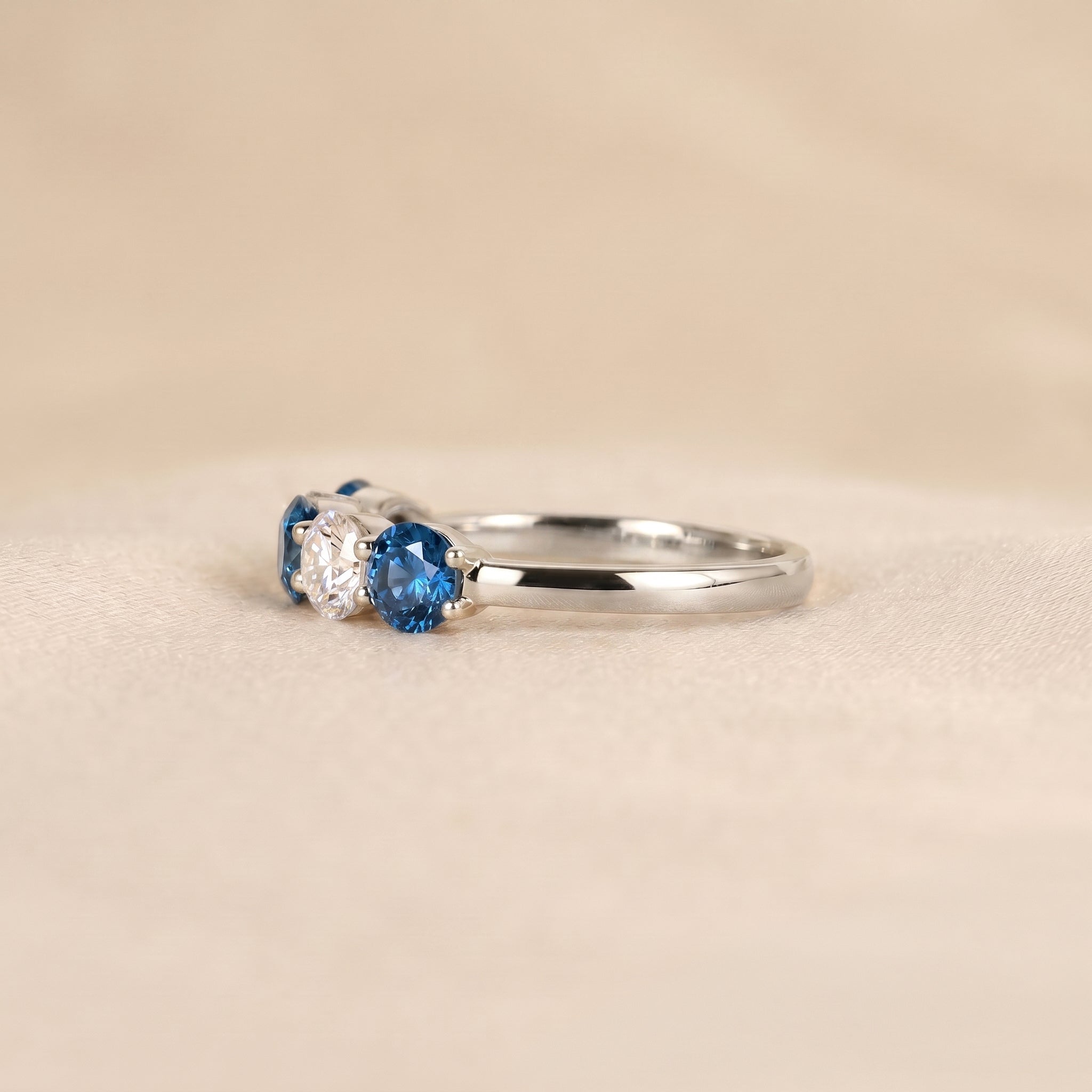 Alternating White Lab Grown Diamond and Blue Gemstone Five Stone Ring in 14K White Gold 1.32 CTW