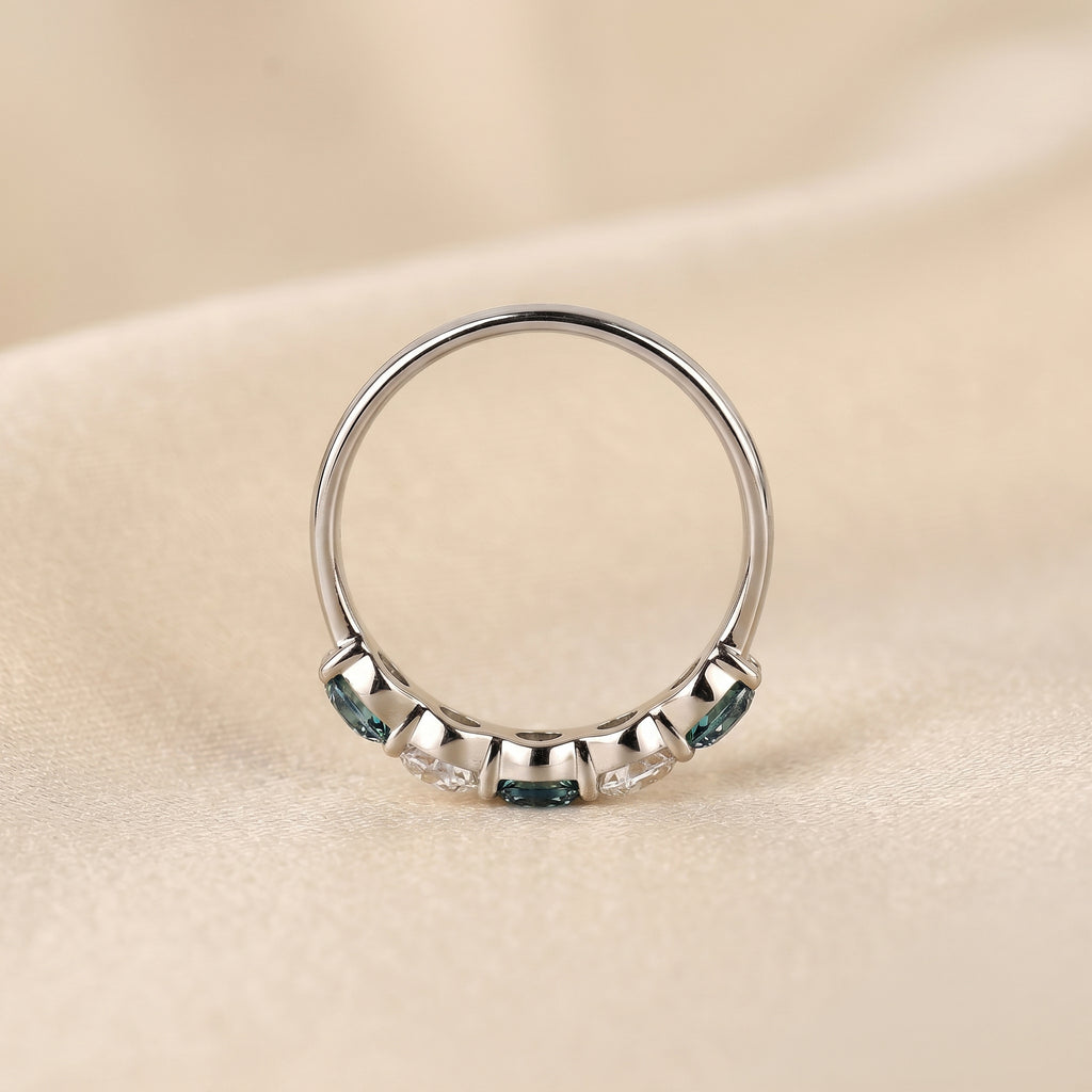 Alternating White Lab Grown Diamond and Blue Gemstone Five Stone Ring in 14K White Gold 1.32 CTW