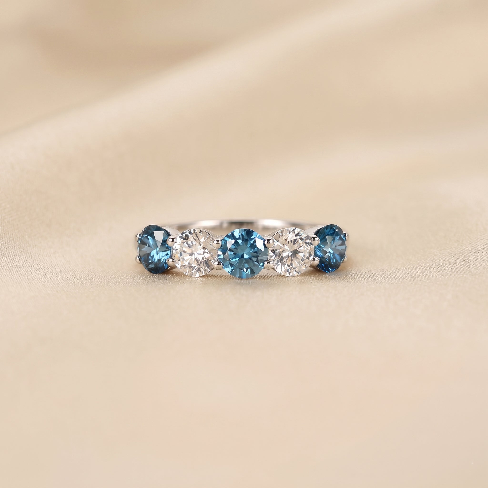Alternating White Lab Grown Diamond and Blue Gemstone Five Stone Ring in 14K White Gold 1.32 CTW