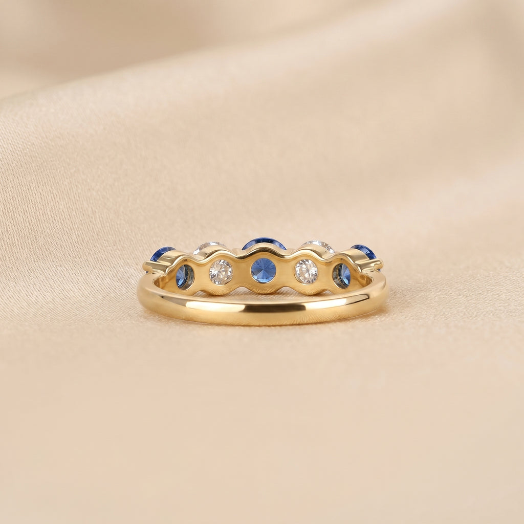 Alternating White Lab Grown Diamond and Blue Gemstone Five Stone Ring in 14K Yellow Gold 1.32 CTW