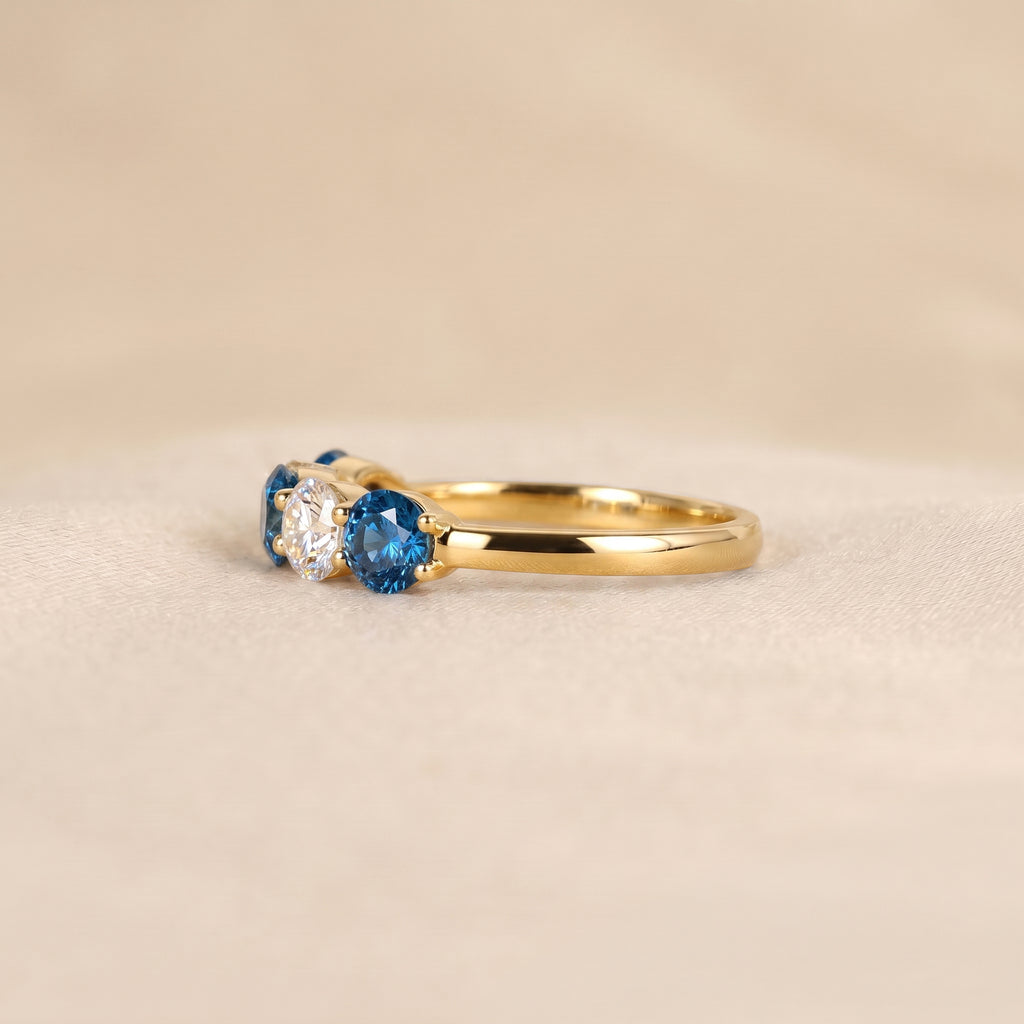 Alternating White Lab Grown Diamond and Blue Gemstone Five Stone Ring in 14K Yellow Gold 1.32 CTW