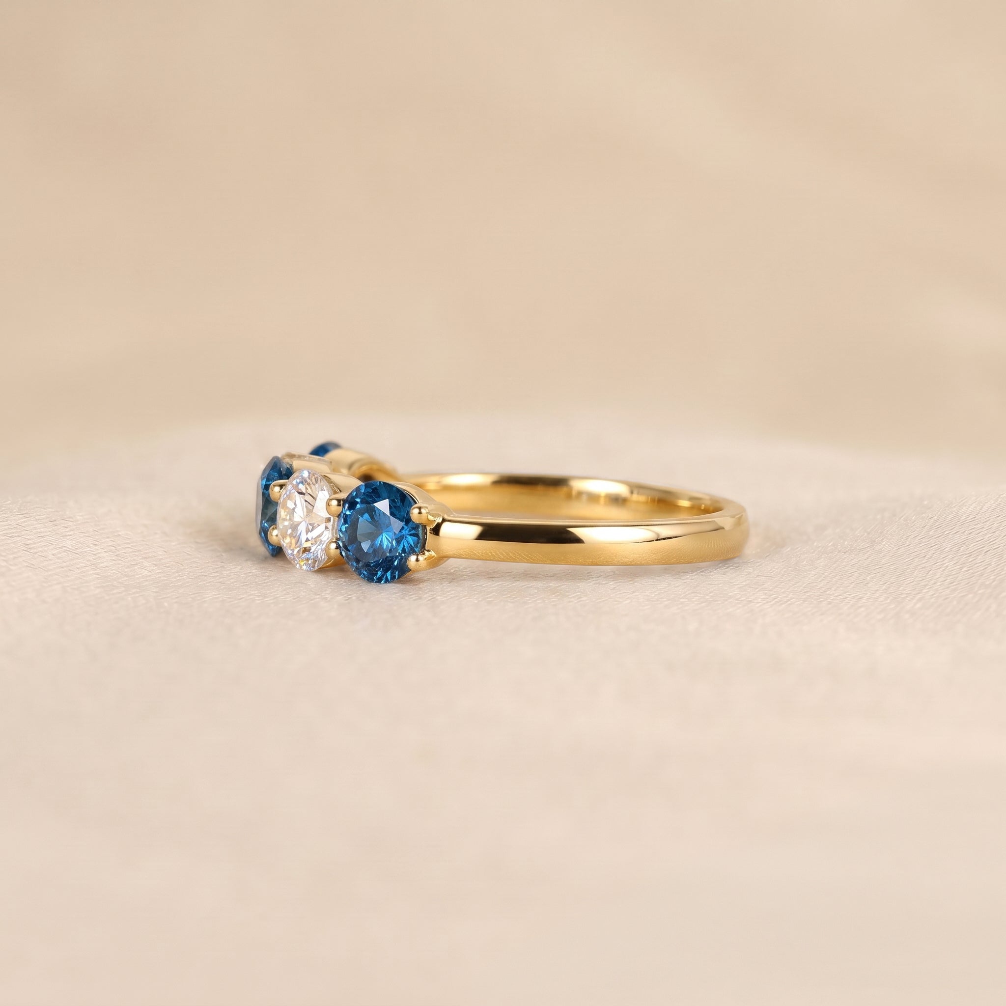 Alternating White Lab Grown Diamond and Blue Gemstone Five Stone Ring in 14K Yellow Gold 1.32 CTW