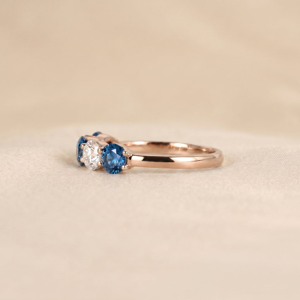 Alternating White Lab Grown Diamond and Blue Gemstone Five Stone Ring in 18K Rose Gold 1.32 CTW