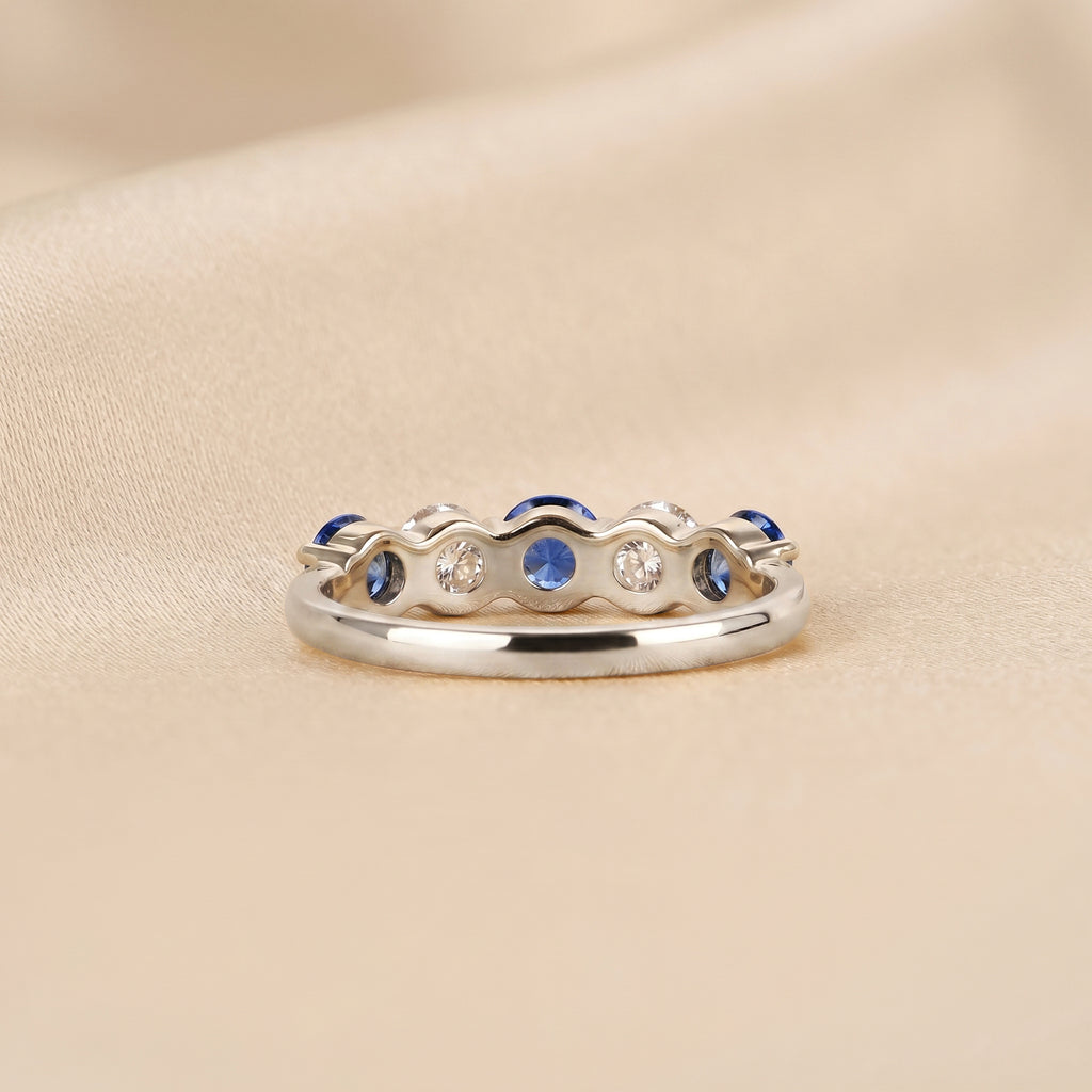 Alternating White Lab Grown Diamond and Blue Gemstone Five Stone Ring in 18K White Gold 1.32 CTW