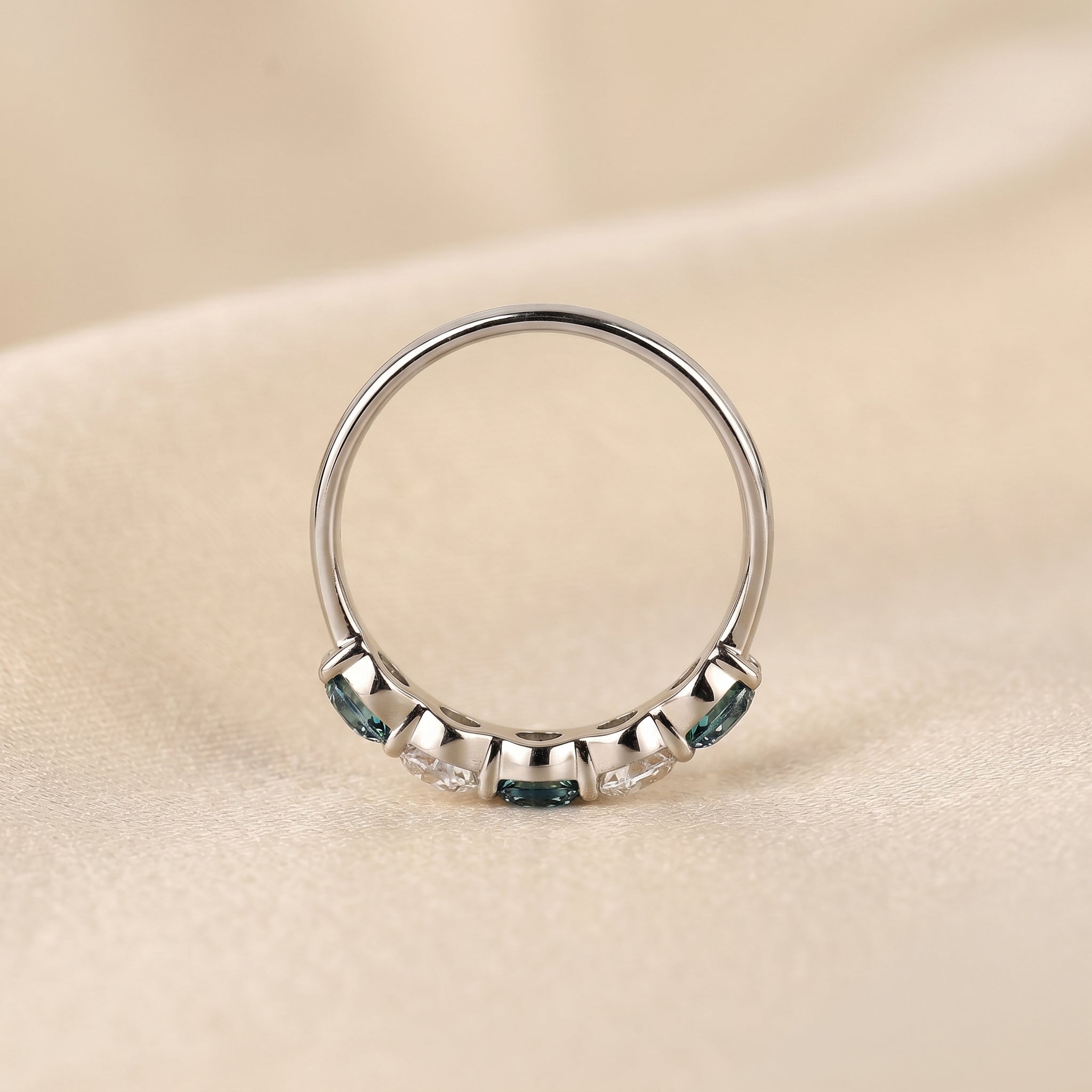 Alternating White Lab Grown Diamond and Blue Gemstone Five Stone Ring in 18K White Gold 1.32 CTW