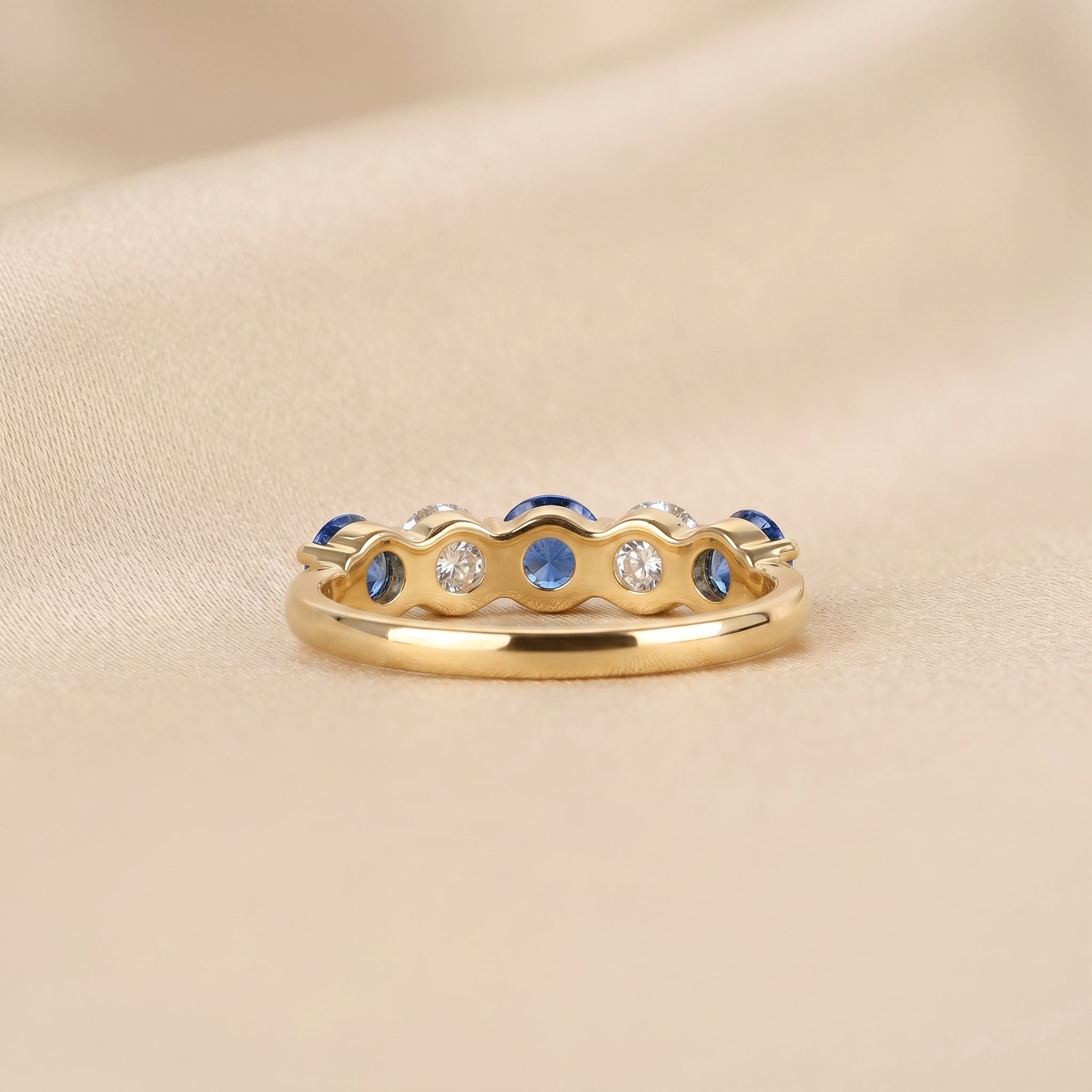 Alternating White Lab Grown Diamond and Blue Gemstone Five Stone Ring in 18K Yellow Gold 1.32 CTW
