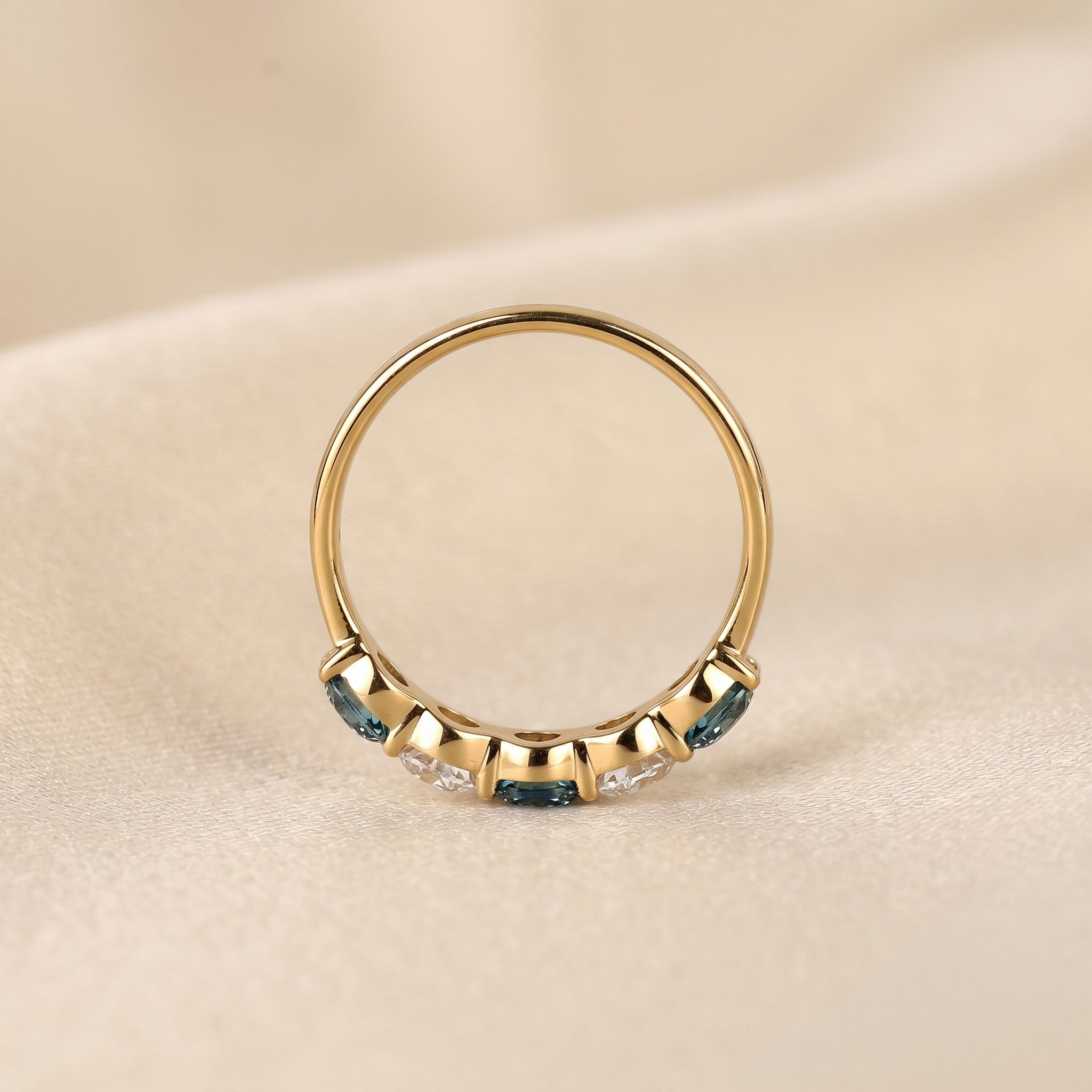 Alternating White Lab Grown Diamond and Blue Gemstone Five Stone Ring in 18K Yellow Gold 1.32 CTW