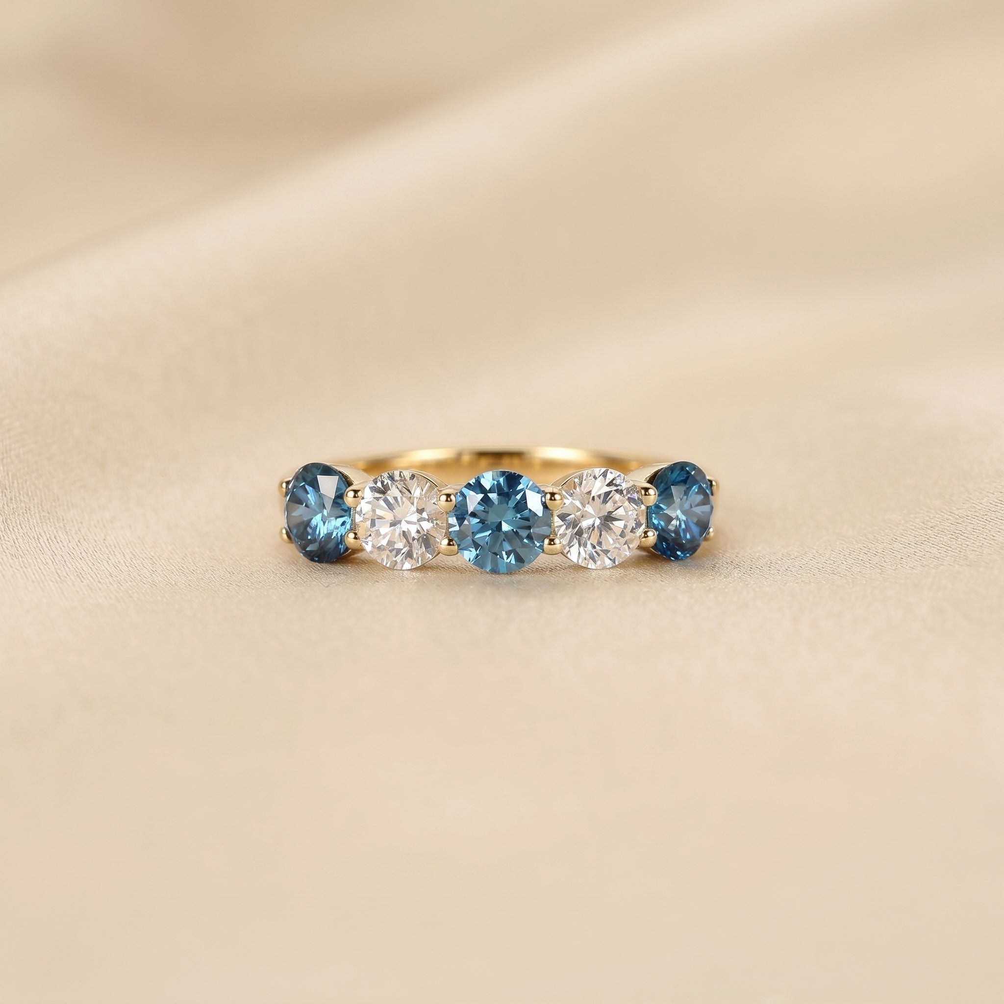 Alternating White Lab Grown Diamond and Blue Gemstone Five Stone Ring in 18K Yellow Gold 1.32 CTW