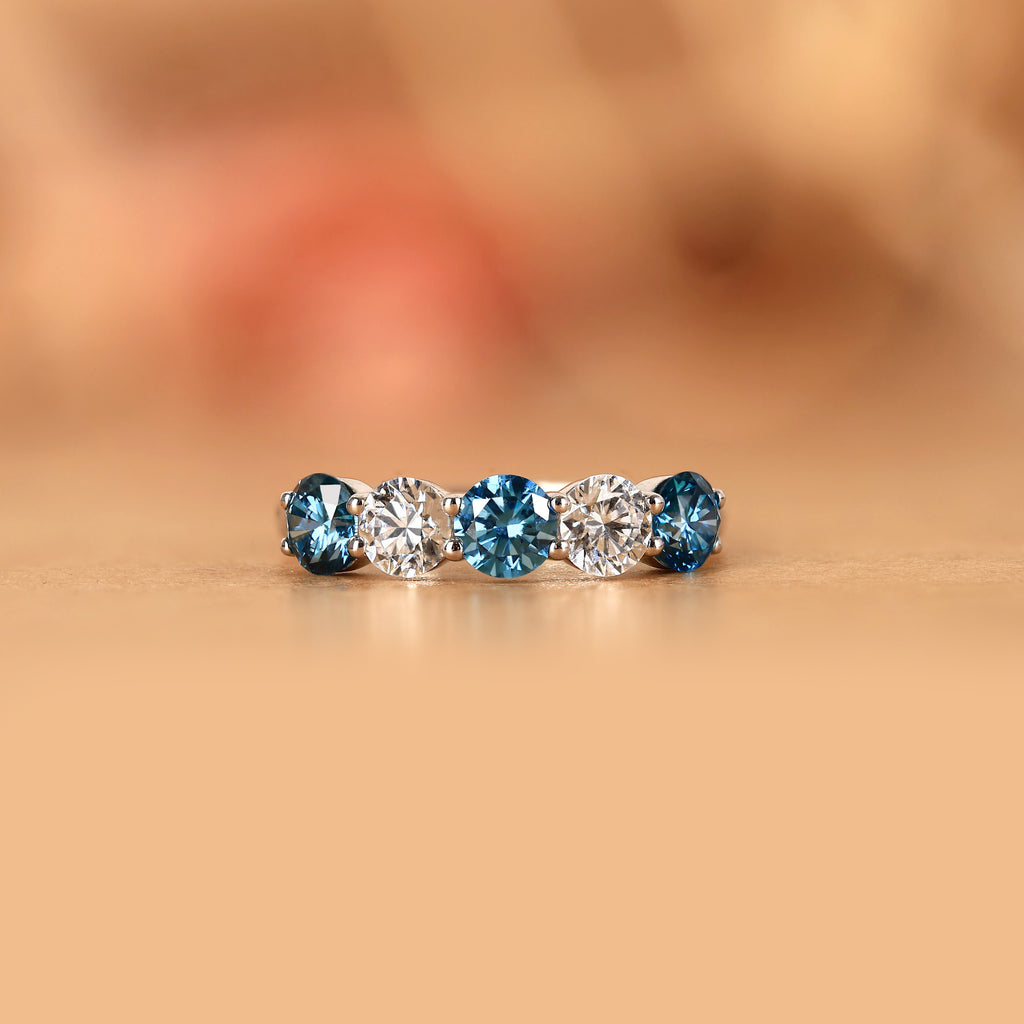 Alternating Blue Moissanite Five Stone Ring in 925 Sterling Silver 1.32 CTW