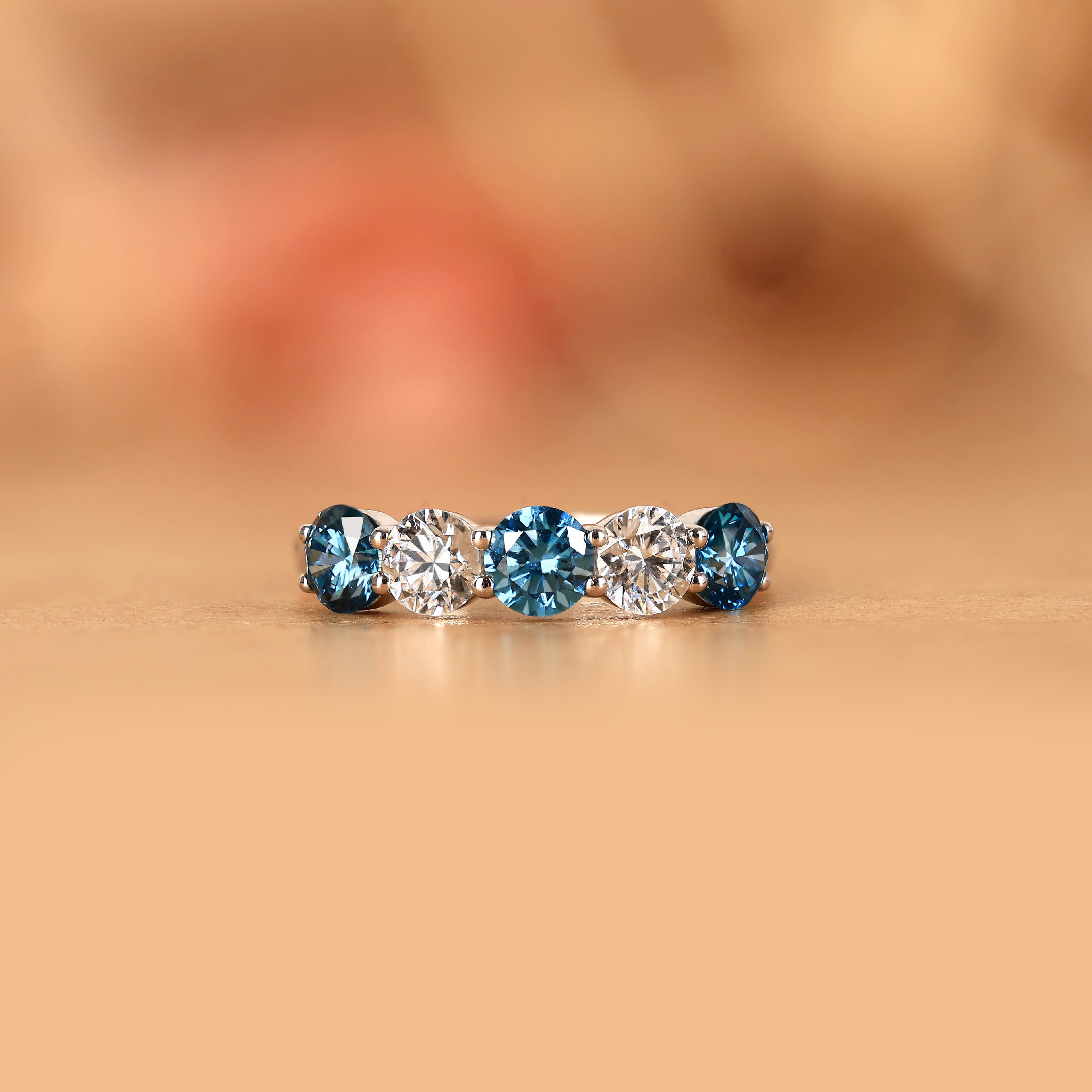 Alternating Blue Moissanite Five Stone Ring in 925 Sterling Silver 1.32 CTW