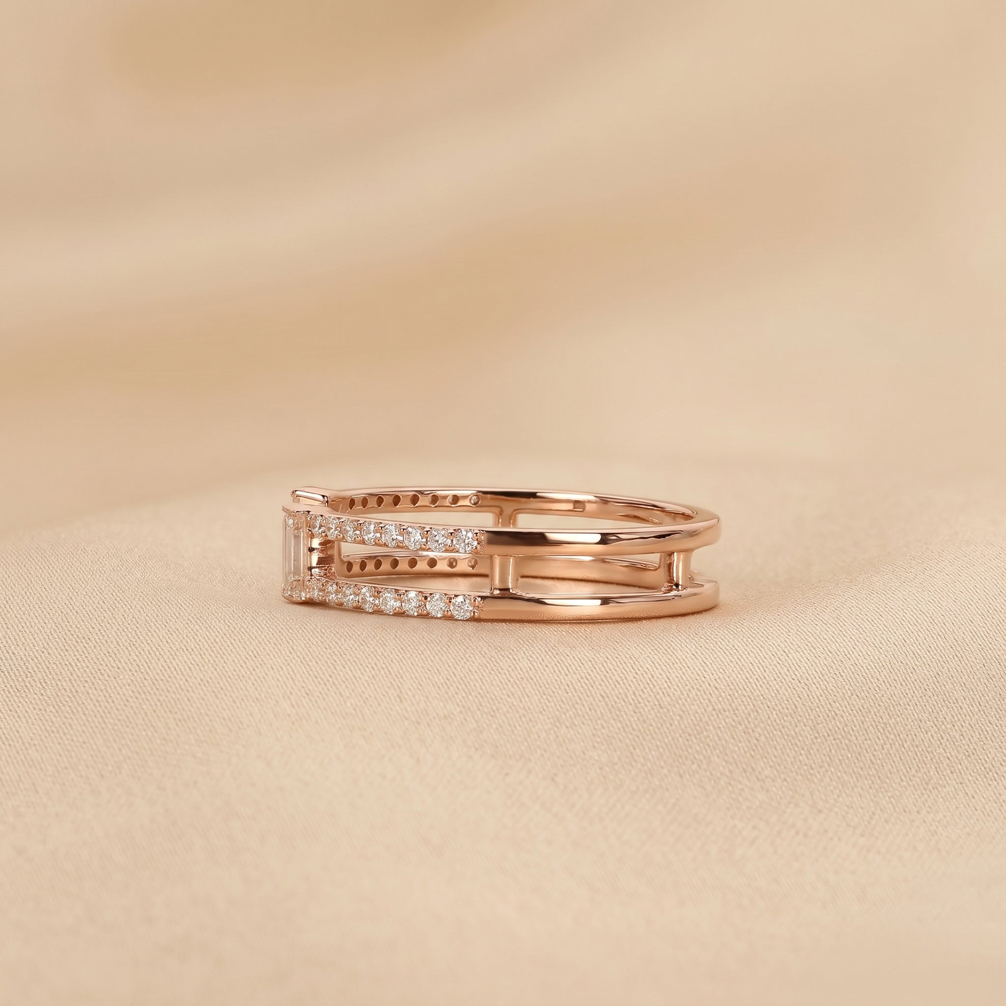 Baguette & Round Lab Grown Diamond Open Shank Ring in 10K Rose Gold 0.35 CTW