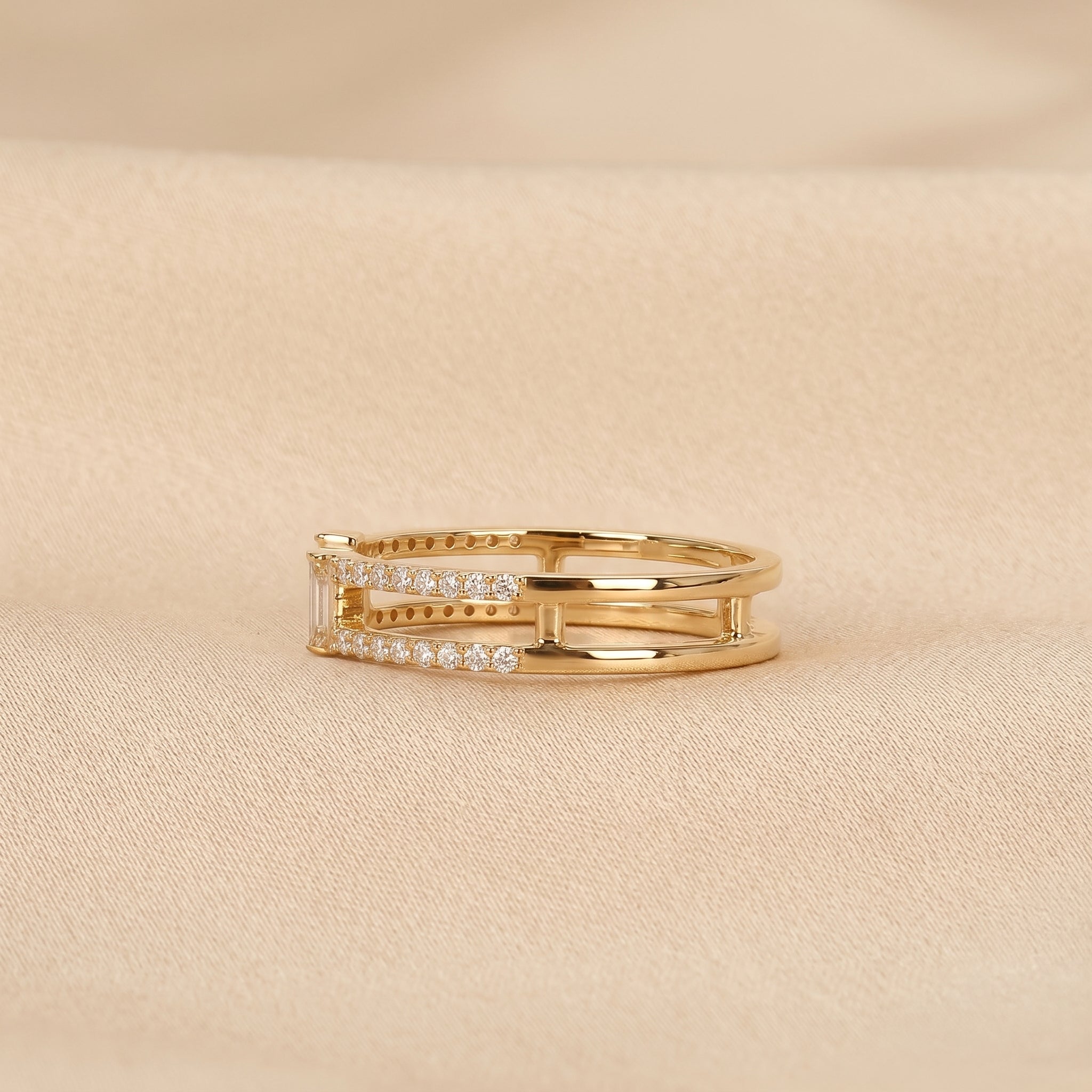 Baguette & Round Lab Grown Diamond Open Shank Ring in 10K Yellow Gold 0.35 CTW