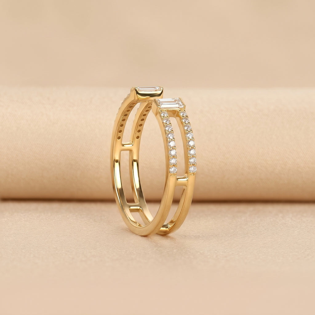 Baguette & Round Lab Grown Diamond Open Shank Ring in 10K Yellow Gold 0.35 CTW