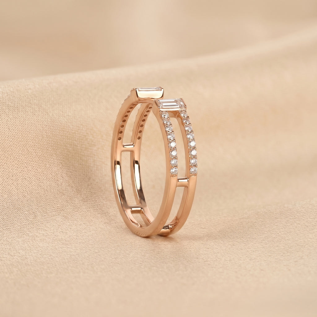 Baguette & Round Lab Grown Diamond Open Shank Ring in 18K Rose Gold 0.35 CTW