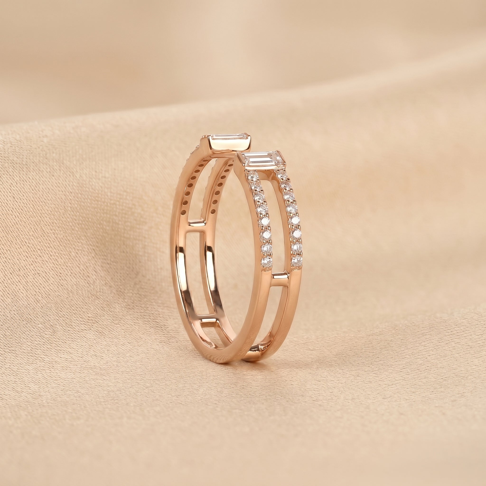 Baguette & Round Lab Grown Diamond Open Shank Ring in 18K Rose Gold 0.35 CTW