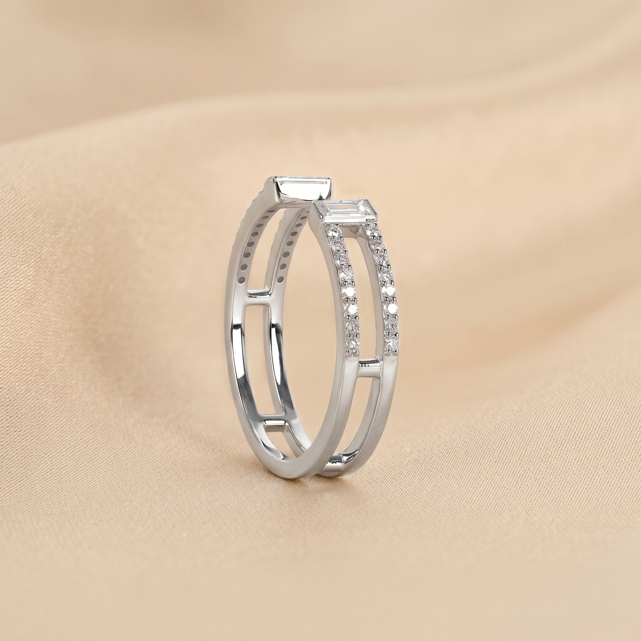 Baguette & Round Lab Grown Diamond Open Shank Ring in 18K White Gold 0.35 CTW