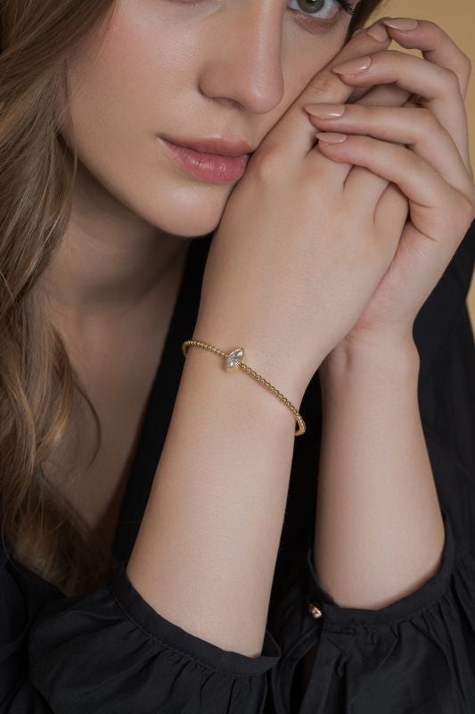 Beaded Bezel Set Marquise Lab Grown Diamond Bangle Bracelet in 10K White Gold 1 CTW