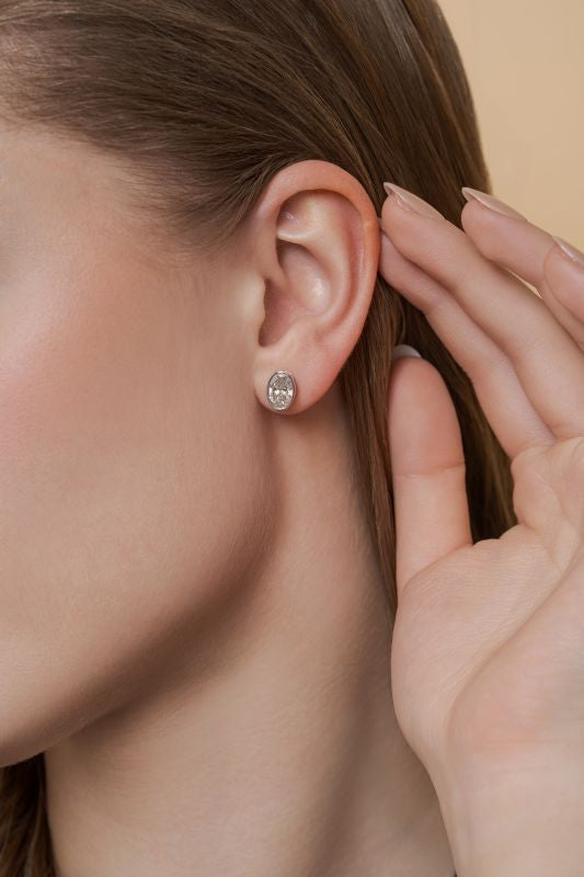 Bezel Set Oval Lab Grown Diamond Stud Earrings in 10K White Gold 3 CTW