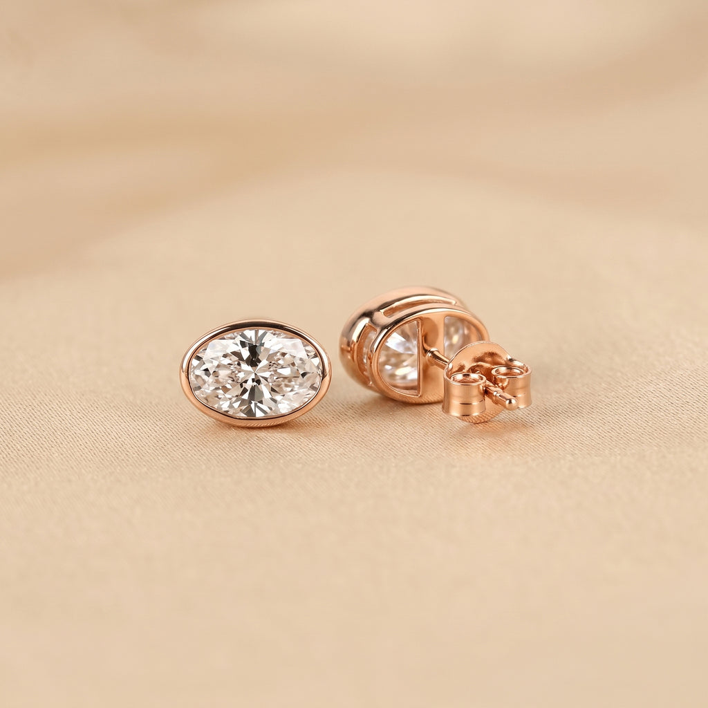 Bezel Set Oval Lab Grown Diamond Stud Earrings in 10K Rose Gold 3 CTW