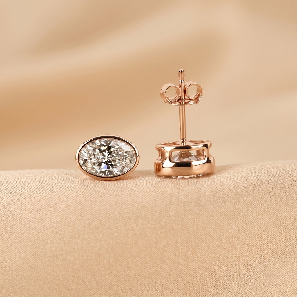 Bezel Set Oval Lab Grown Diamond Stud Earrings in 10K Rose Gold 3 CTW