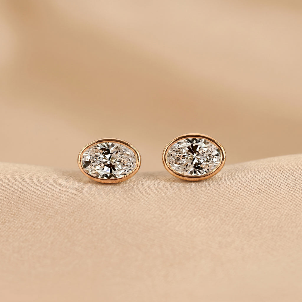 Bezel Set Oval Lab Grown Diamond Stud Earrings in 10K Rose Gold 3 CTW